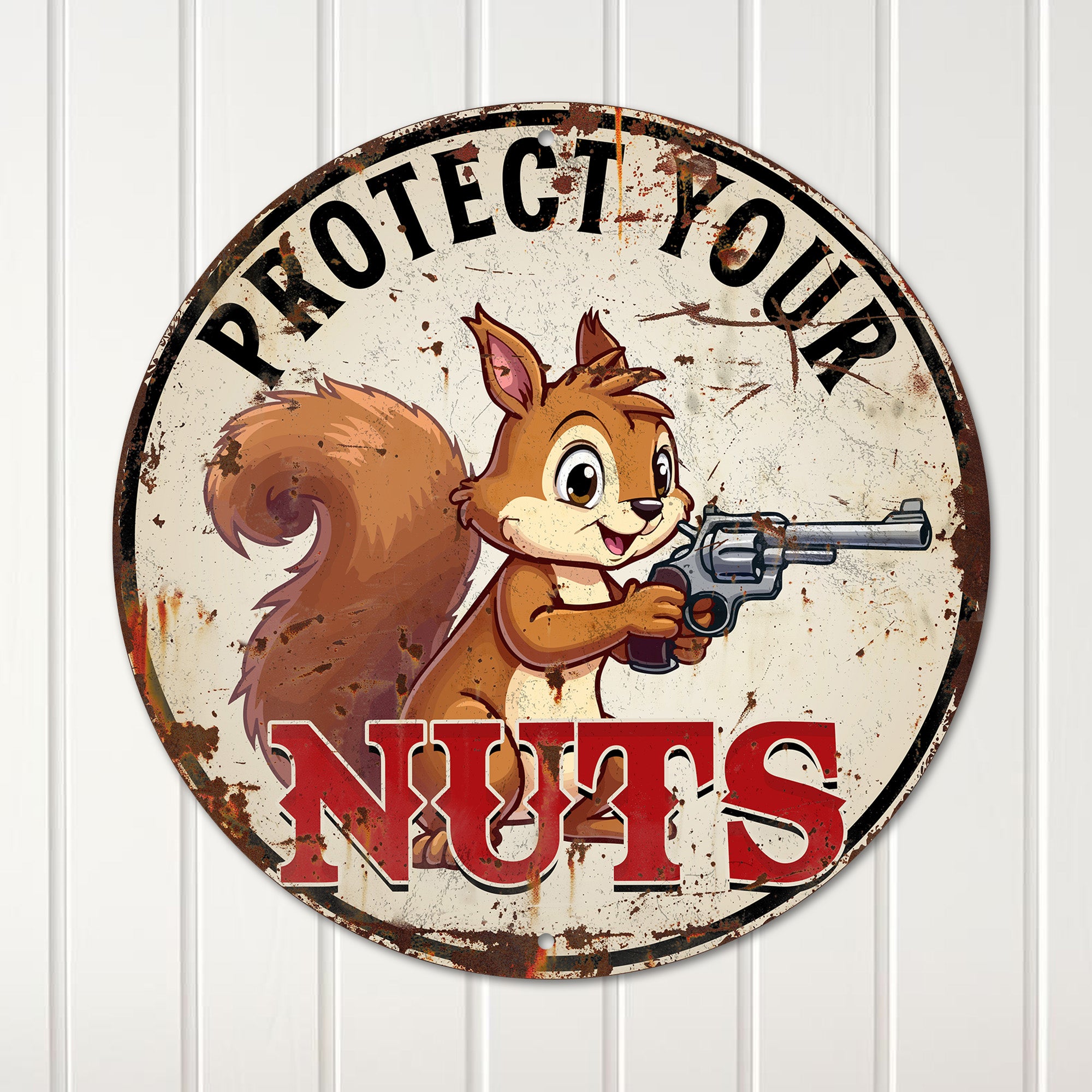 Personalized Round Metal Sign with Cute Squirrel and Gun – "Protect Your Nuts" Theme for Home Decor and Unique Gift Ideas - Image 4
