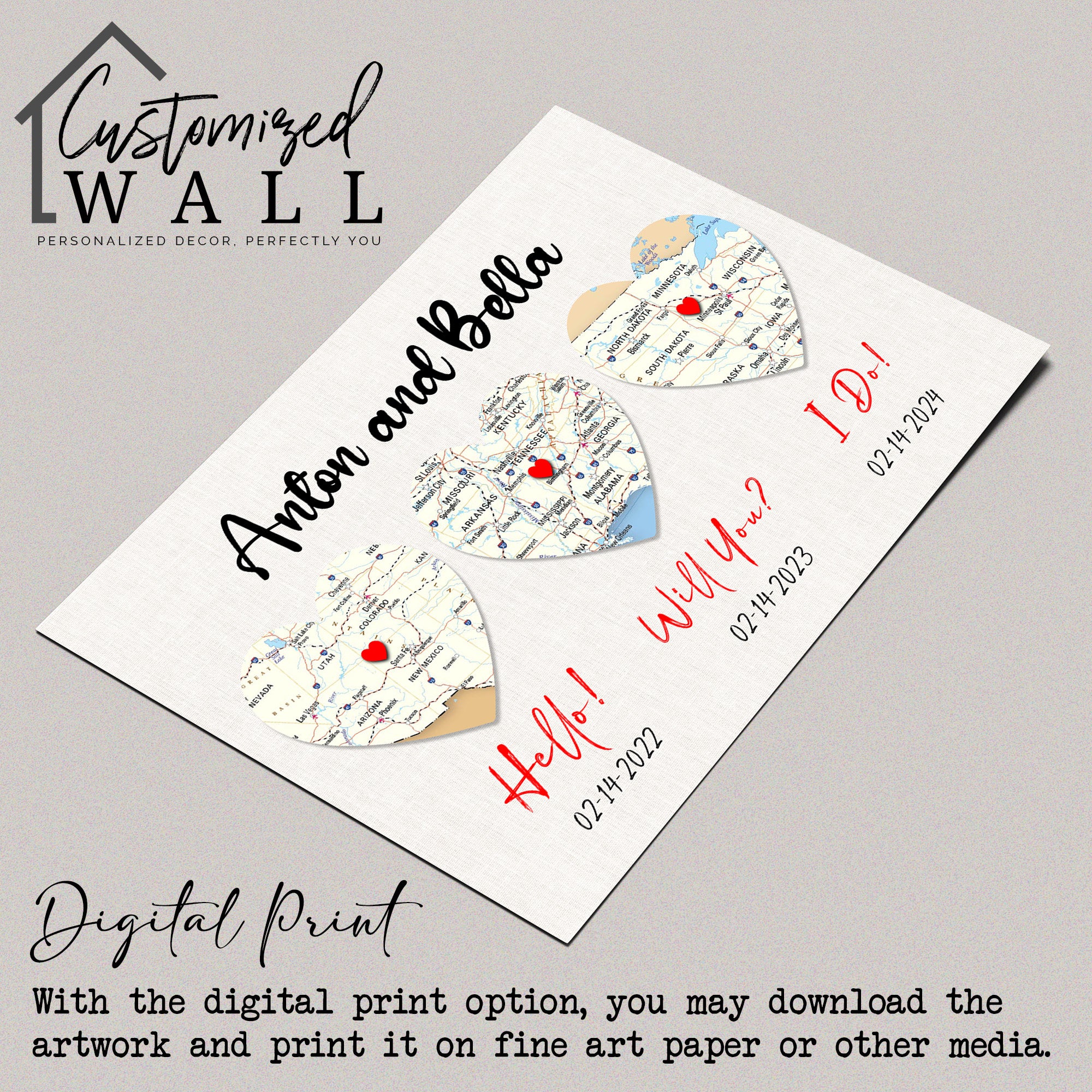 Personalized Milestone Heart Map Wedding Canvas - Custom Dates & Locations for Couples - Image 4
