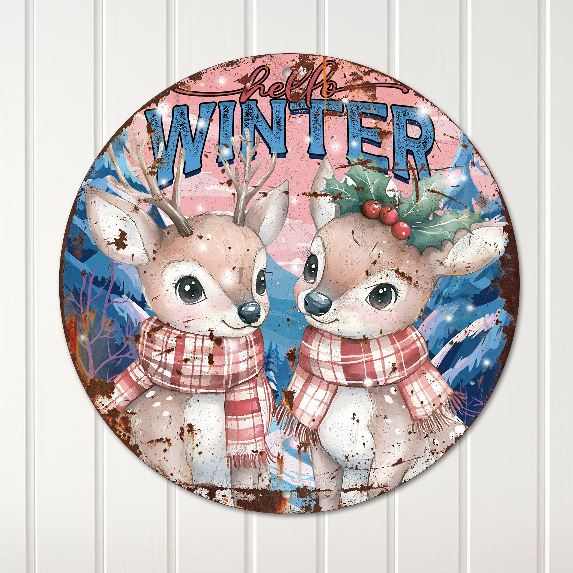Personalized "Hello Winter" Round Metal Sign – Charming Deer Design with Customizable Seasonal Decor for Heartwarming Gifts - Image 4