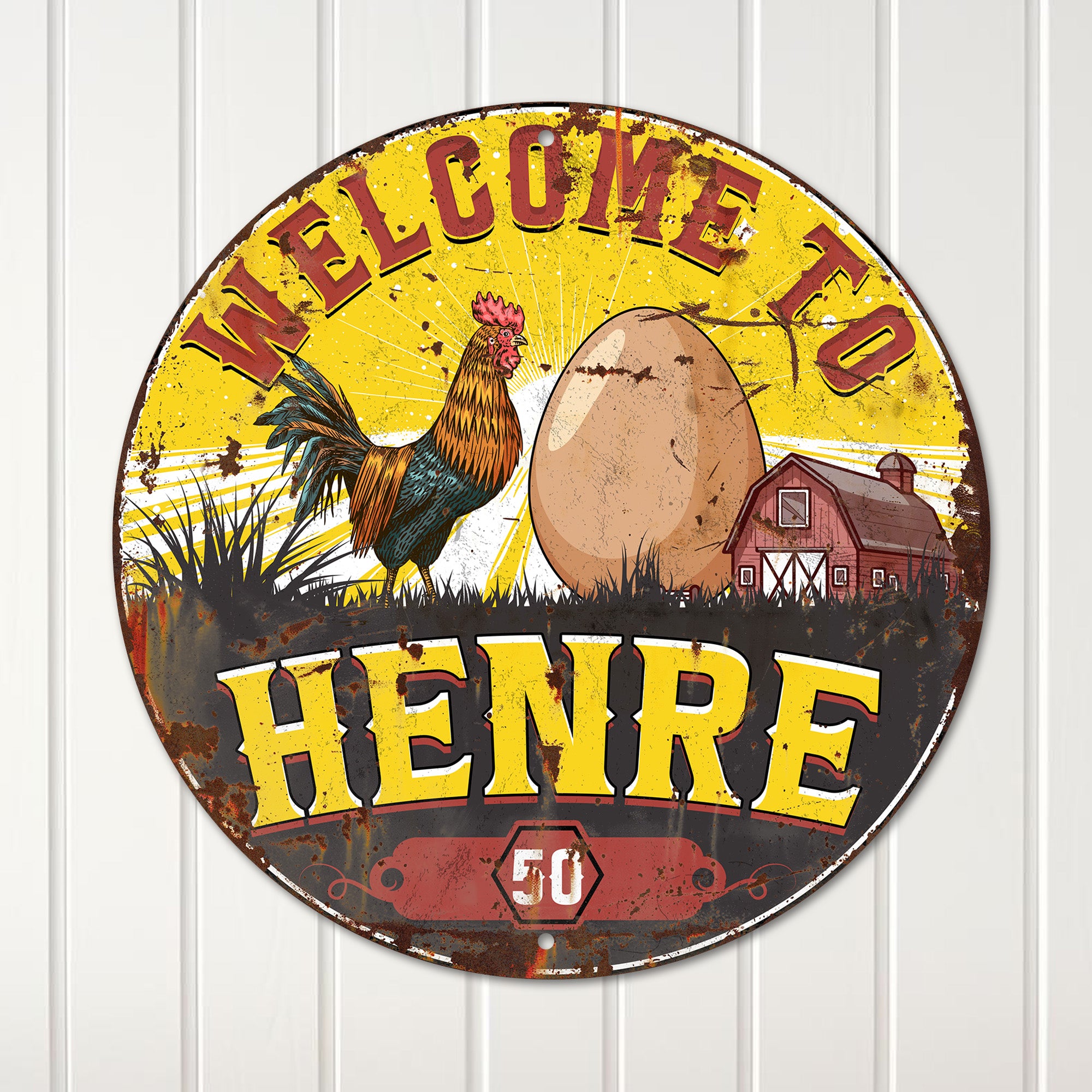 Personalized Farmhouse Metal Sign – Handmade Round Plaque with Rooster & Egg Design, Perfect for Home Decor and Gift-Giving - Image 4