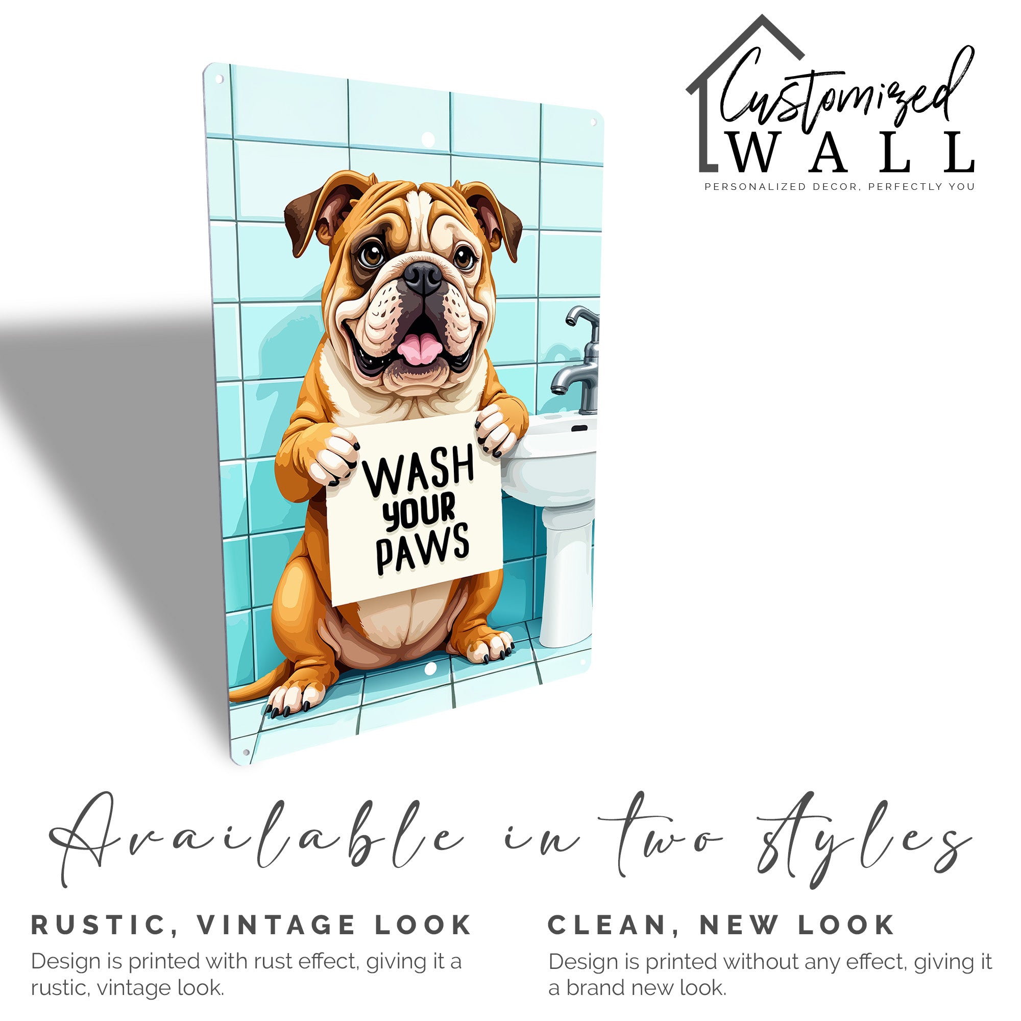 Personalized Bulldog Metal Sign - "Wash Your Paws" Bathroom Decor - Custom Bathroom Wall Art for Animal Lovers - Image 4