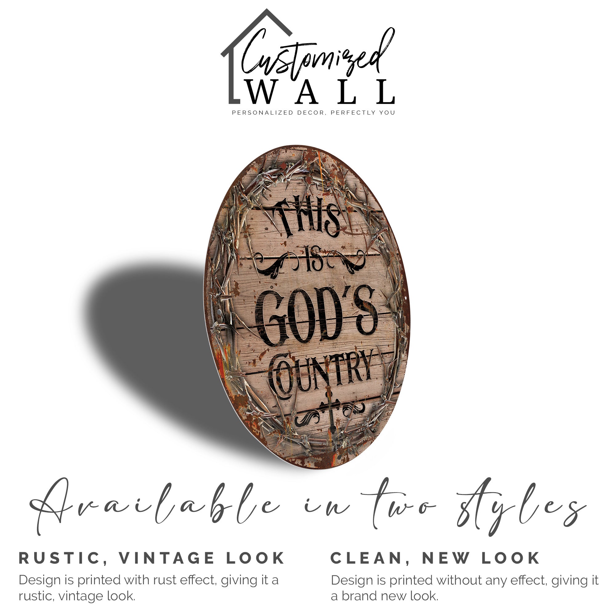 Personalized Round Metal Wall Sign - "God's Country" Rustic Design with Crown of Thorns and Oak Finish for Christian Home Decor - Image 5
