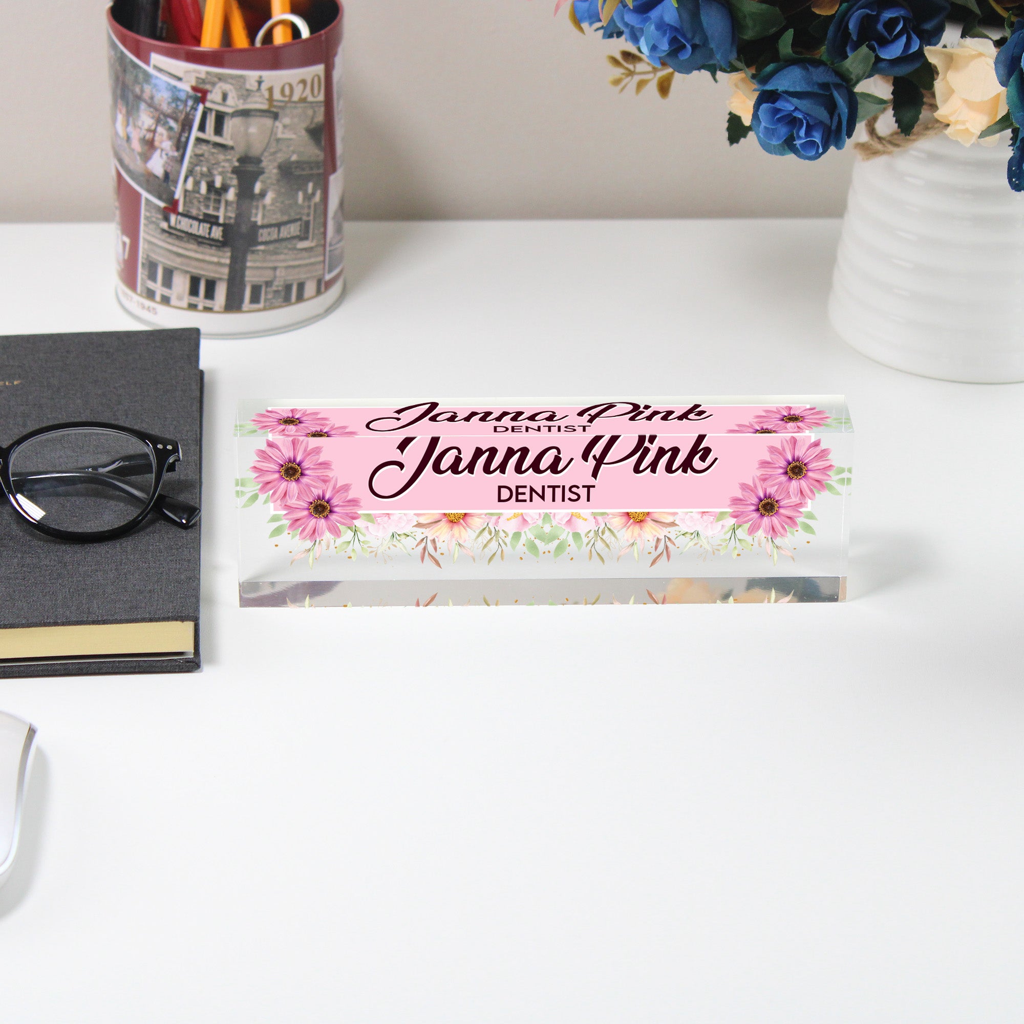 Personalized Floral Acrylic Desk Block Nameplate - Custom Gift for Dentists, Office Decor, and More - Image 5
