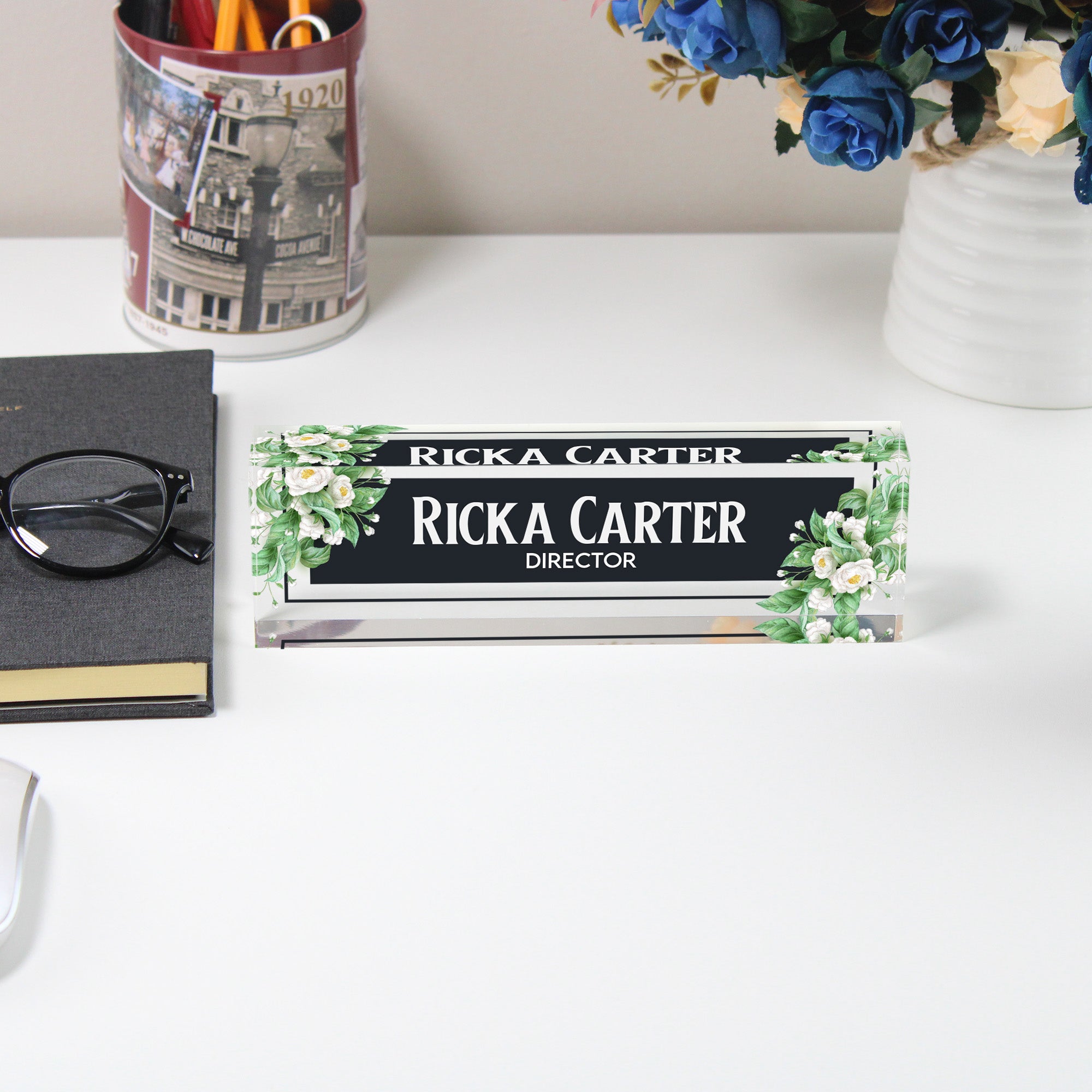 Personalized Floral Acrylic Desk Block - Custom Nameplate for Directors, Elegant Office Decor Gift - Image 5