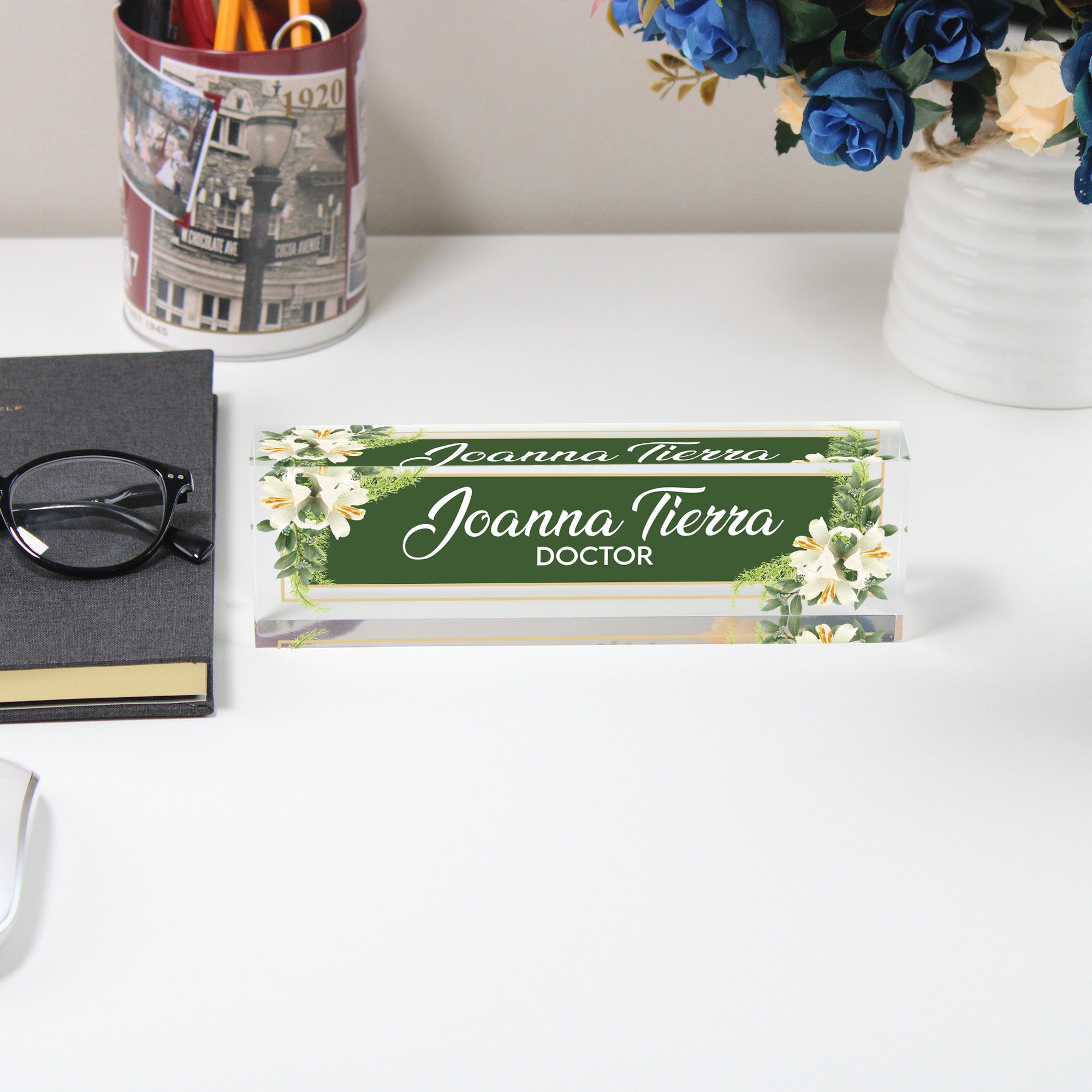 Personalized Acrylic Desk Name Plate with Floral Accents - Customizable Office Decor for Doctors and Professionals - Image 5