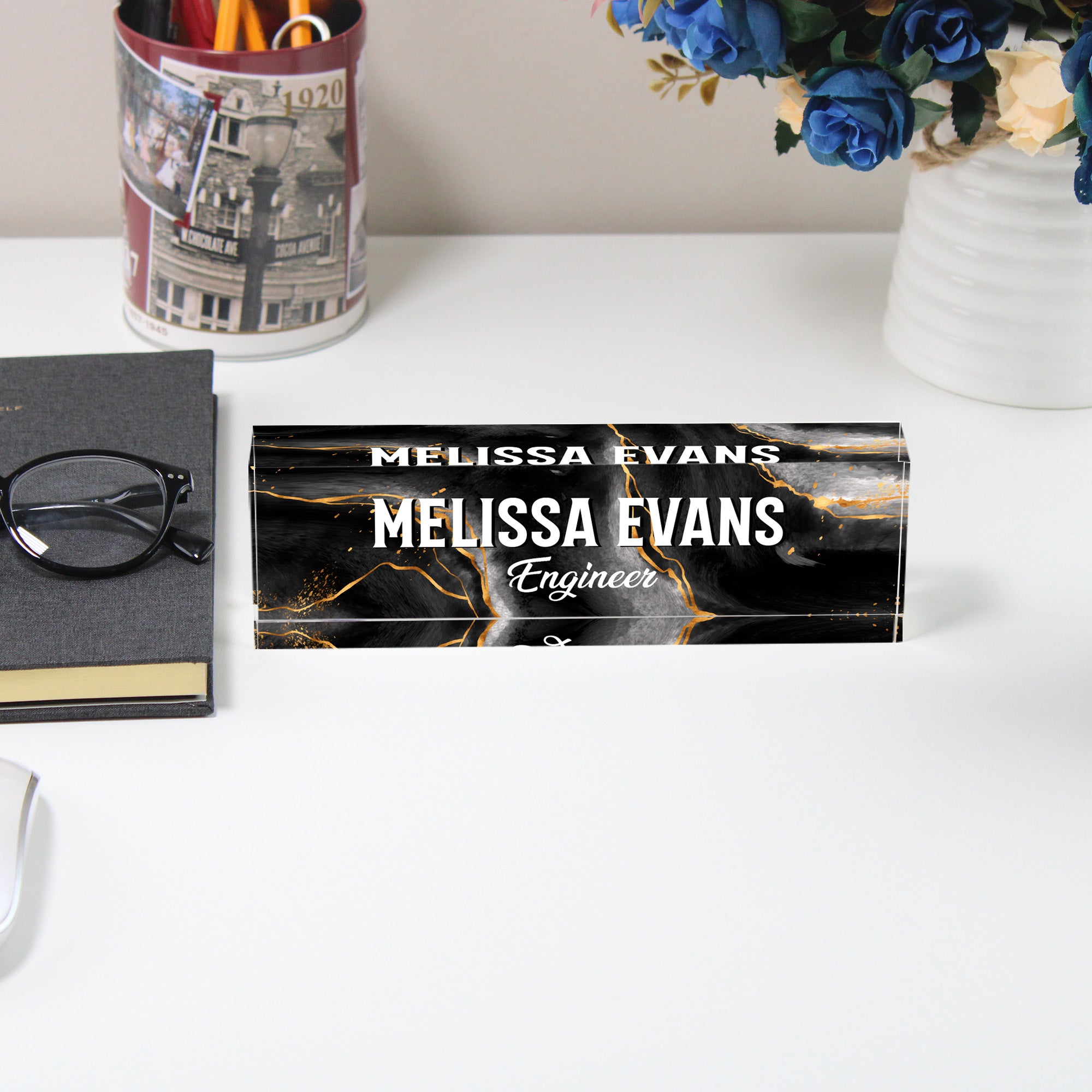 Personalized Acrylic Desk Block for Engineers - Custom Nameplate with Elegant Black Marble Design - Image 5