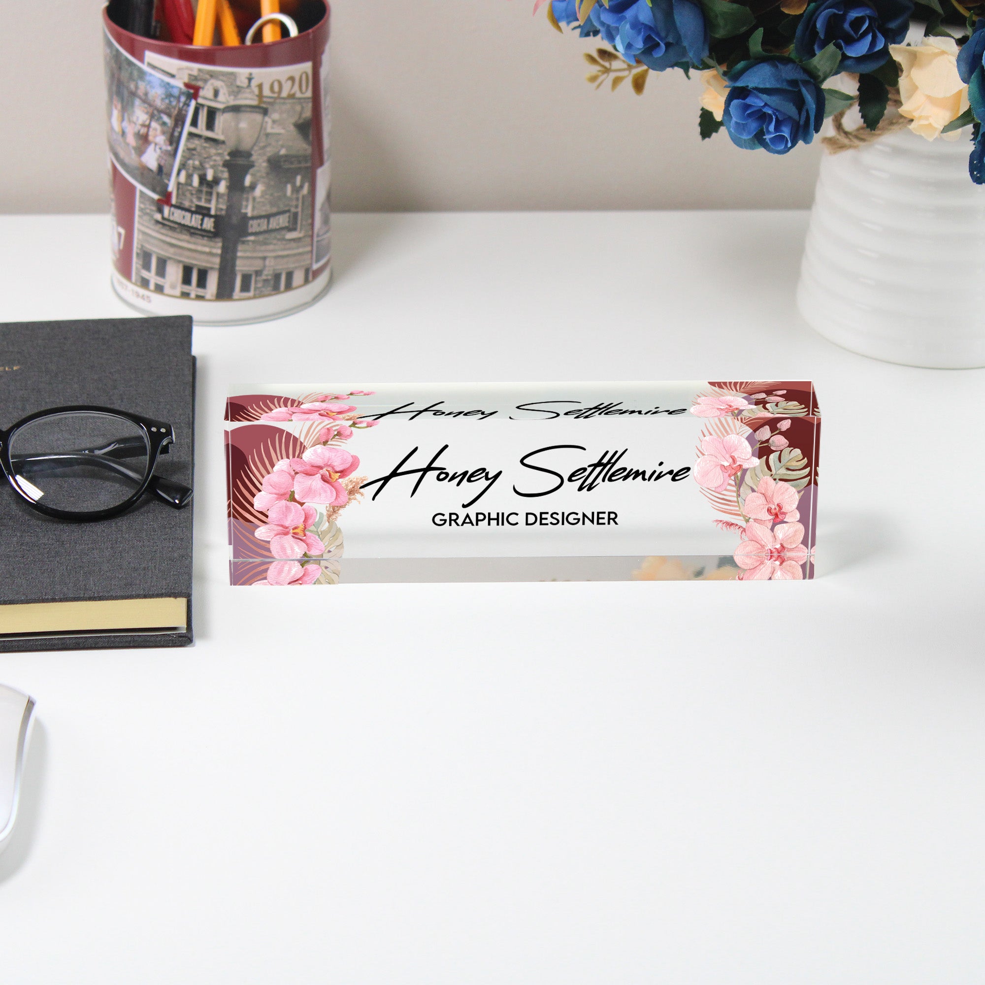 Personalized Floral Acrylic Desk Block - Custom Name Plate for Graphic Designers - Elegant Office Decor and Gift - Image 5