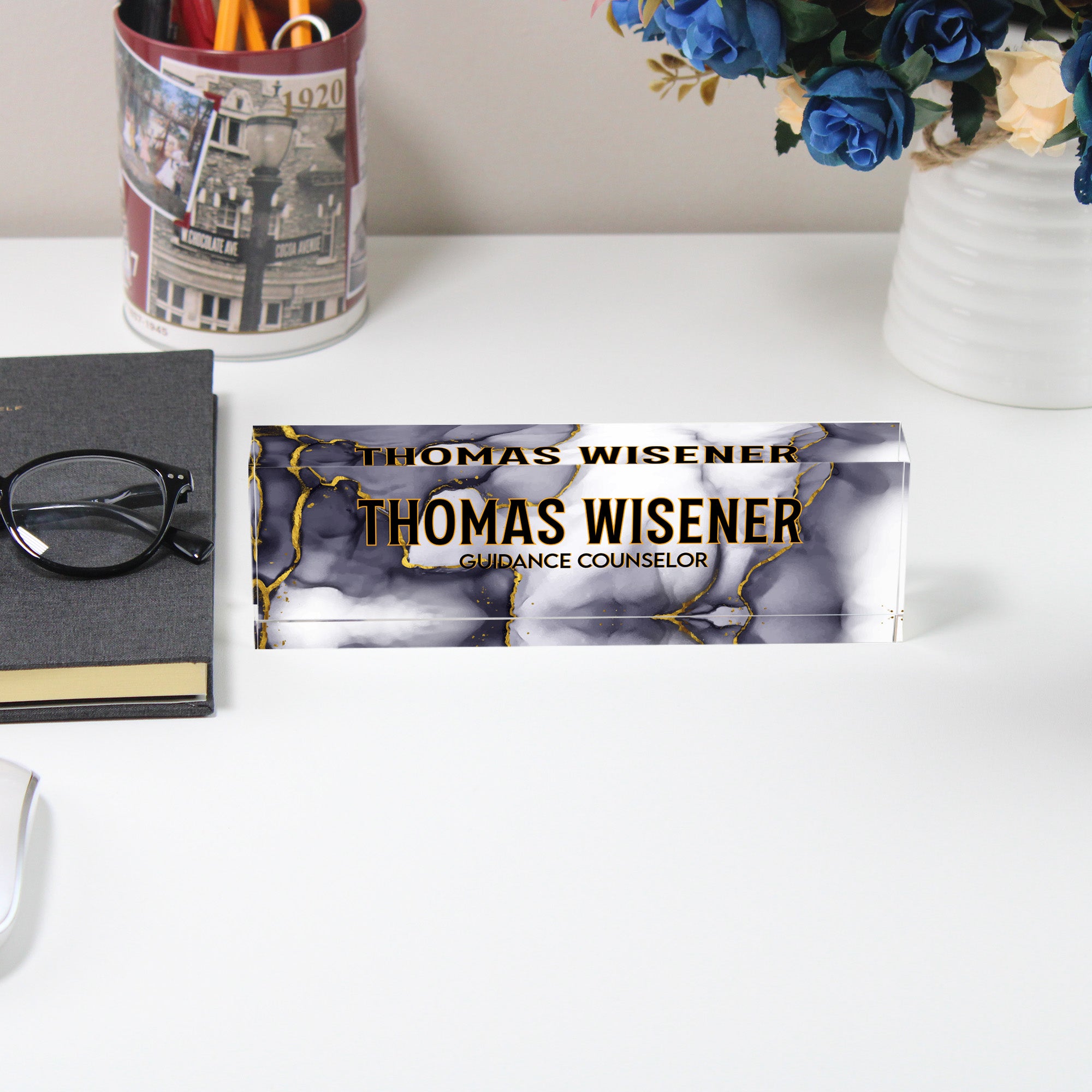Personalized Marble Acrylic Desk Block with Gold Accents - Custom Nameplate for Guidance Counselors - Image 5