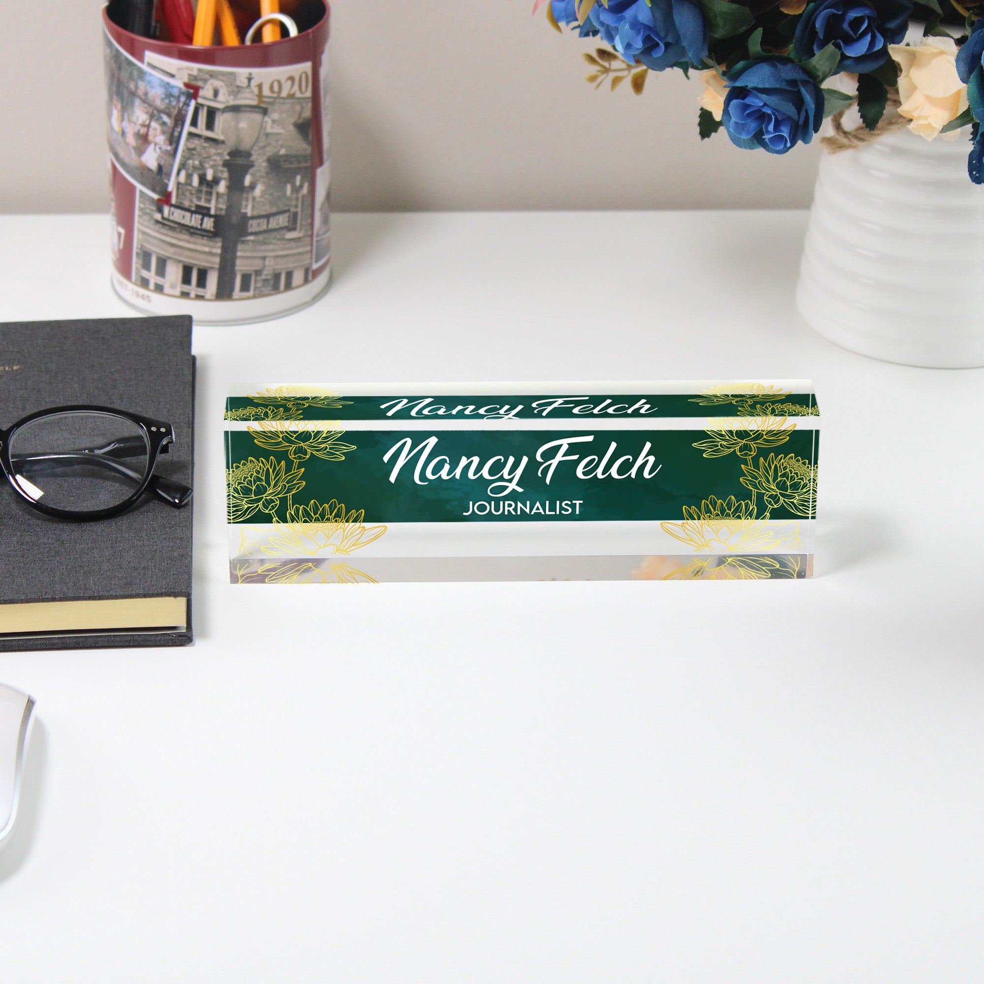 Personalized Acrylic Desk Name Block - Elegant Green Floral Design for Journalists, Writers, and Professionals - Image 5