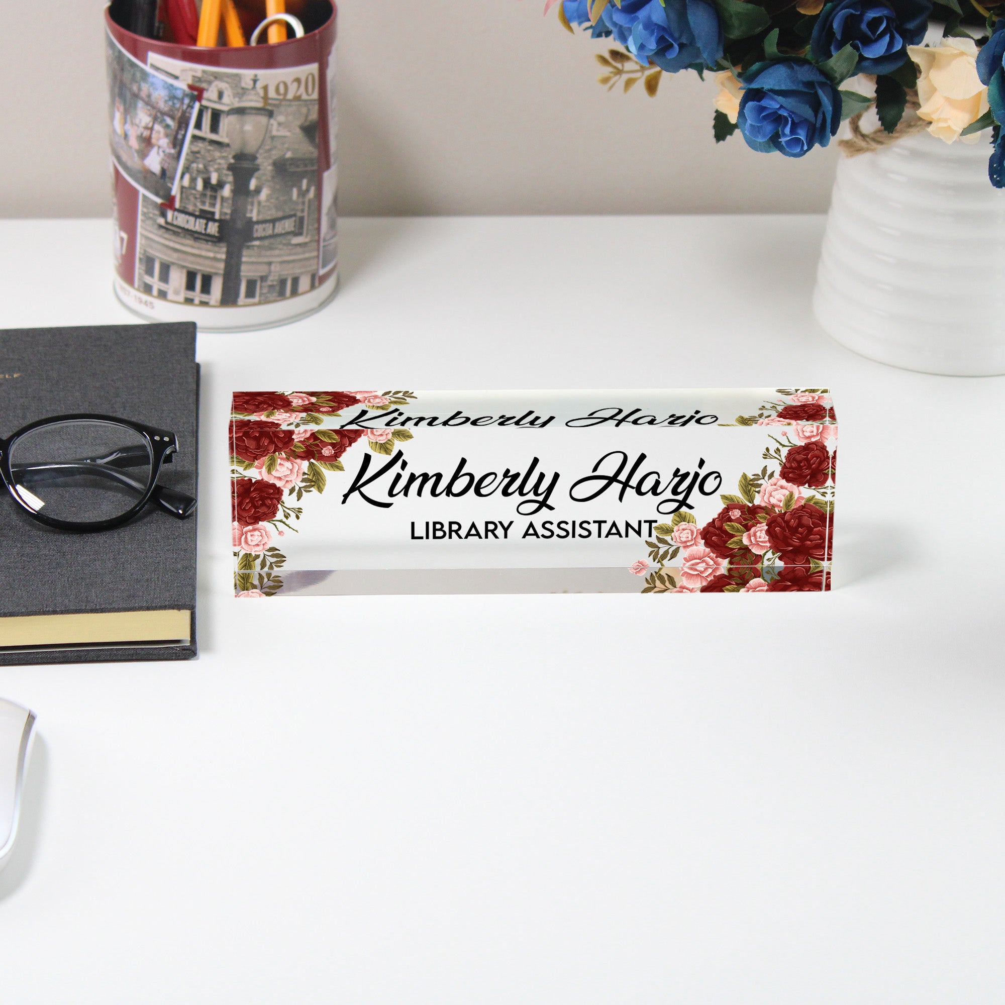 Personalized Floral Acrylic Desk Nameplate - Custom Name Sign for Library Assistants - Elegant Gift for Office Décor - Image 5