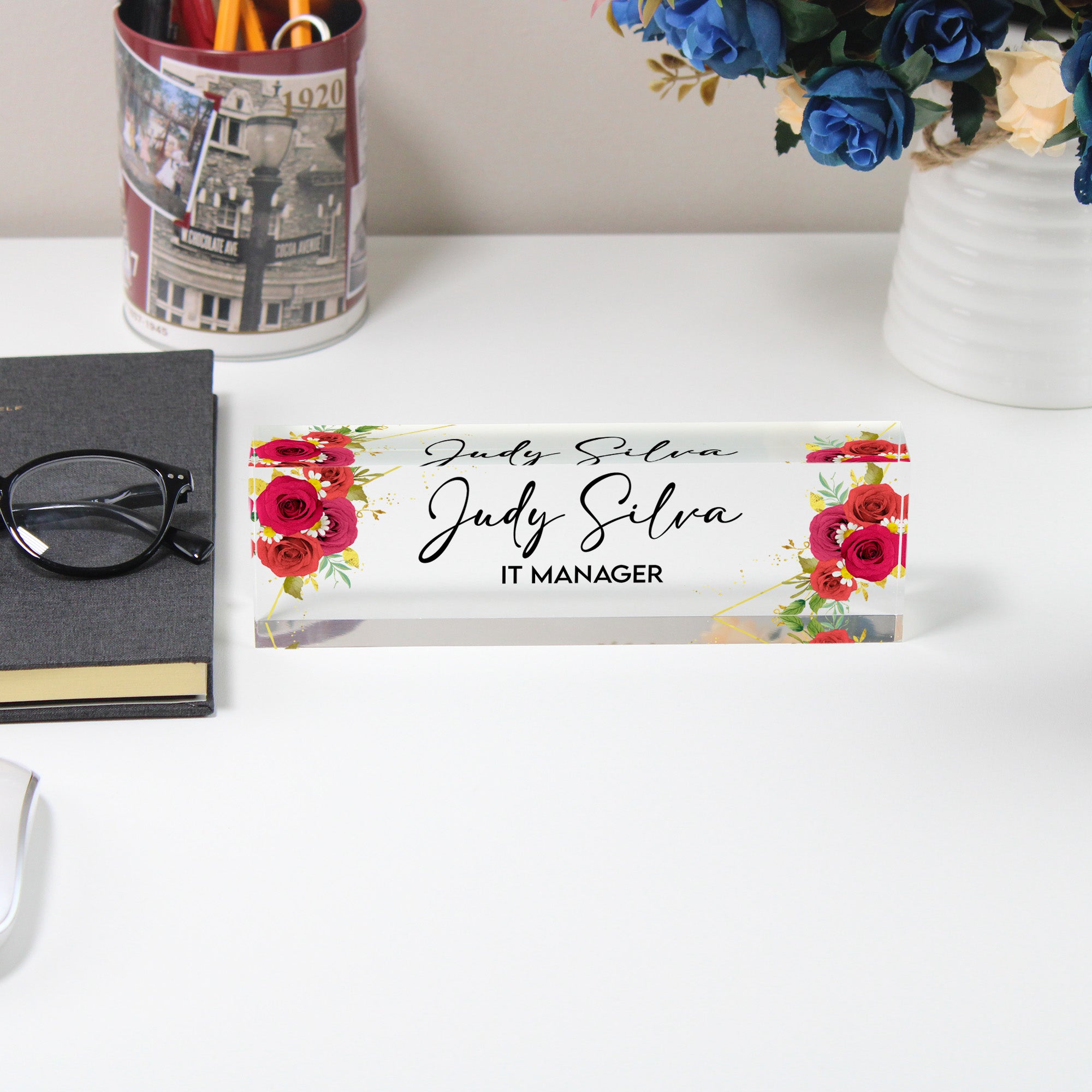 Personalized Acrylic Desk Name Plate with Floral Design - Customizable Office Decor for IT Managers, Perfect Gift for Bosses or Coworkers - Image 5