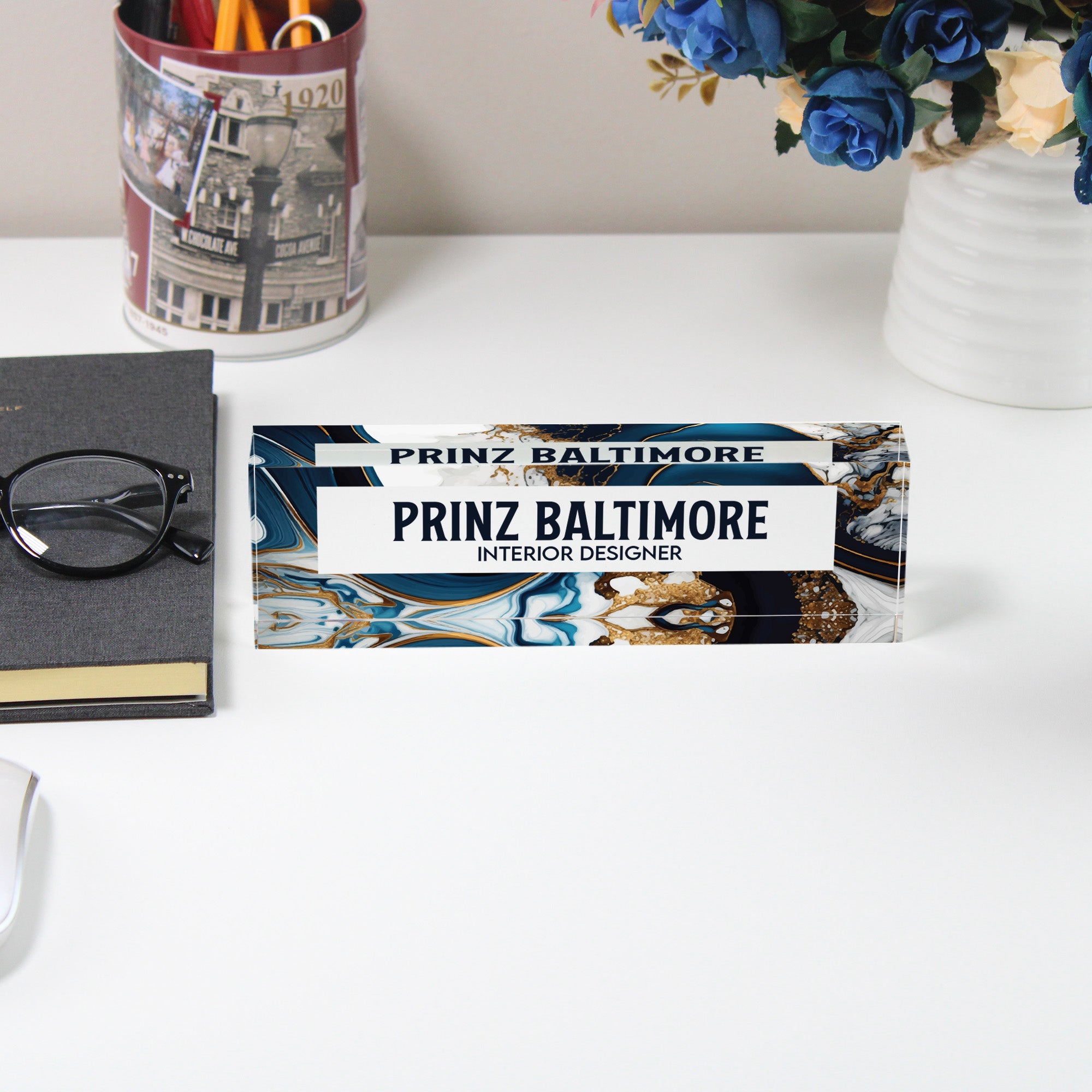 Personalized Acrylic Desk Block for Interior Designers - Elegant Marbled Design - Image 5