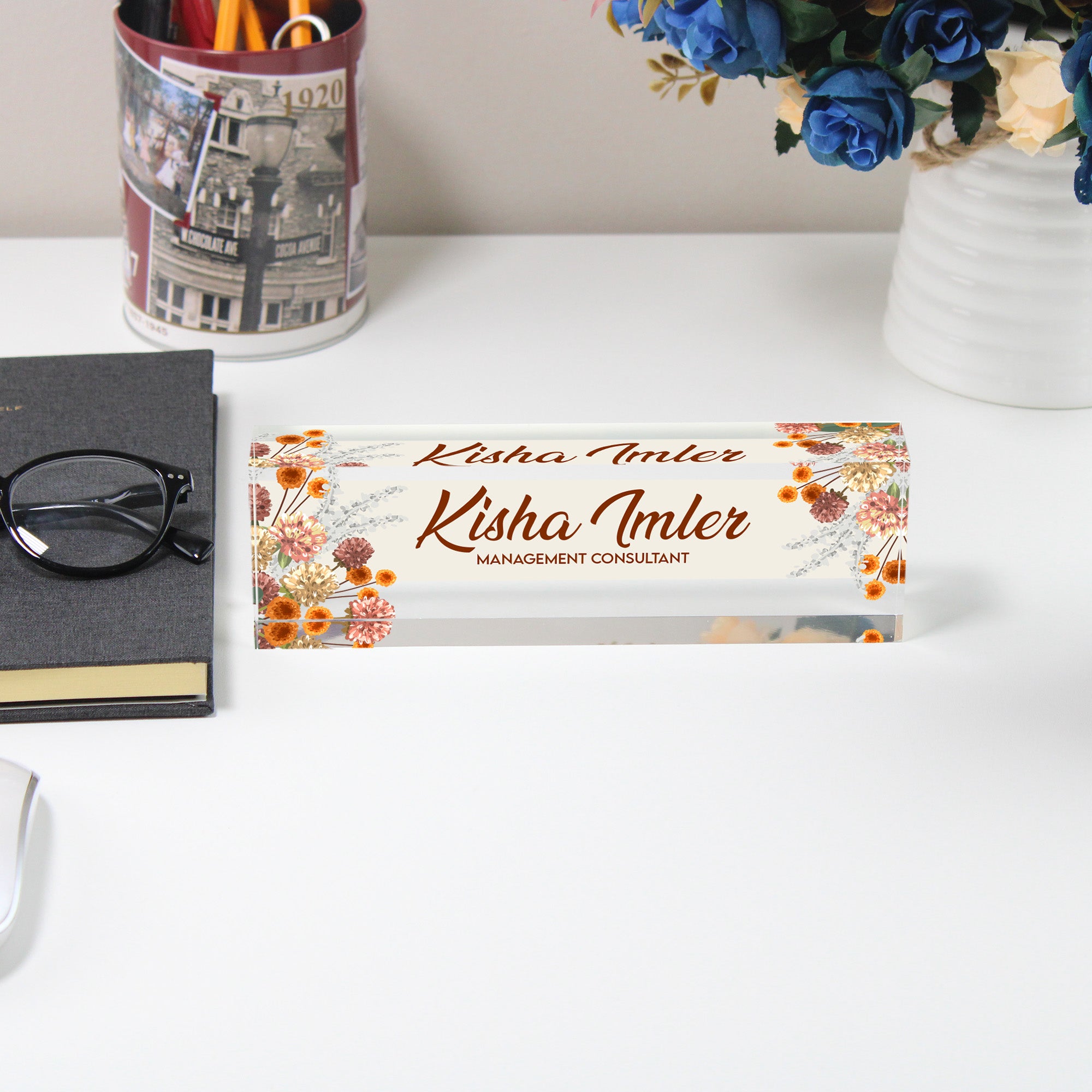 Custom Acrylic Desk Block with Floral Design and Personalization for Management Consultants – Ideal Gift for Professionals - Image 5