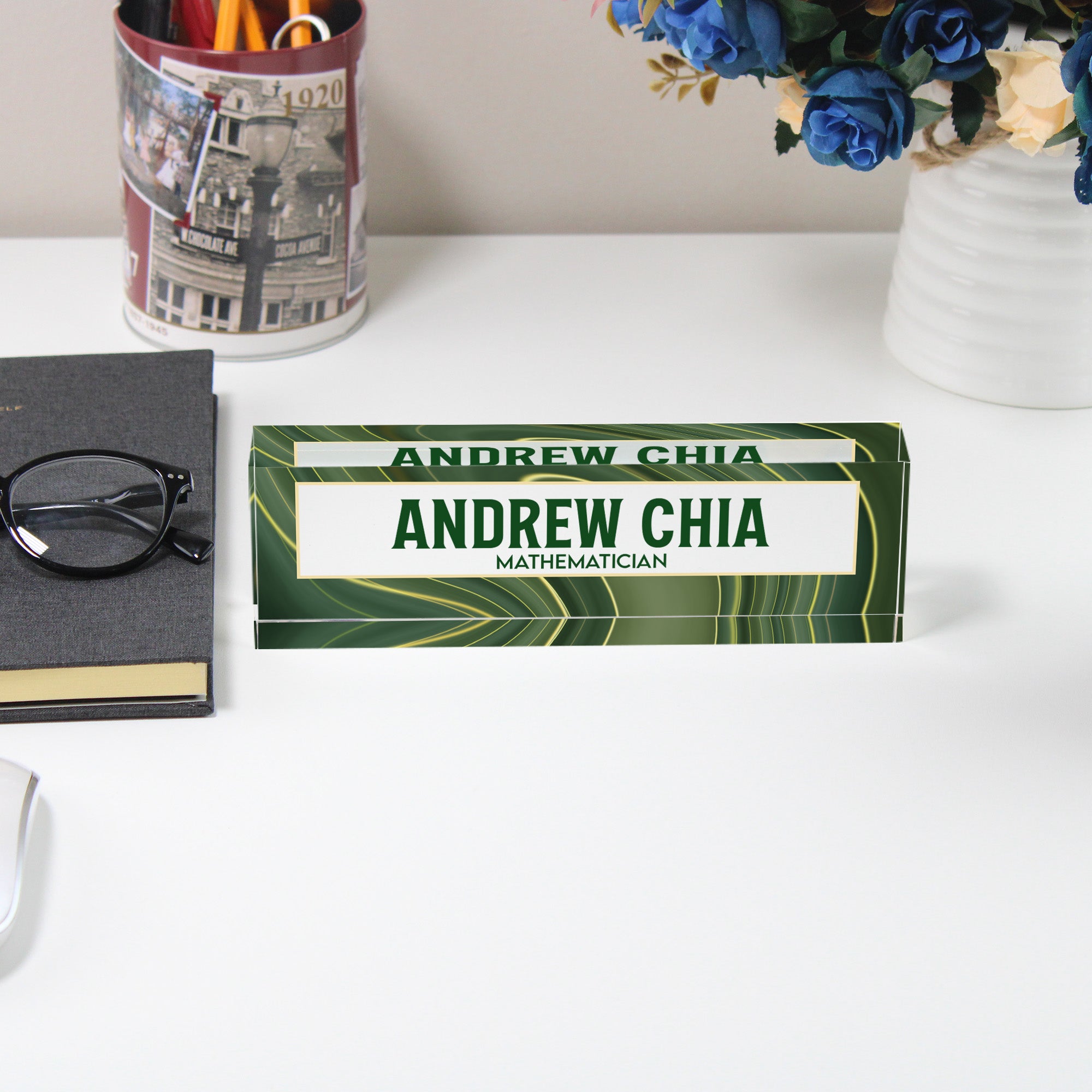 Personalized Acrylic Desk Block - Custom Name and Title Display with Elegant Green Pattern for Mathematicians - Image 5