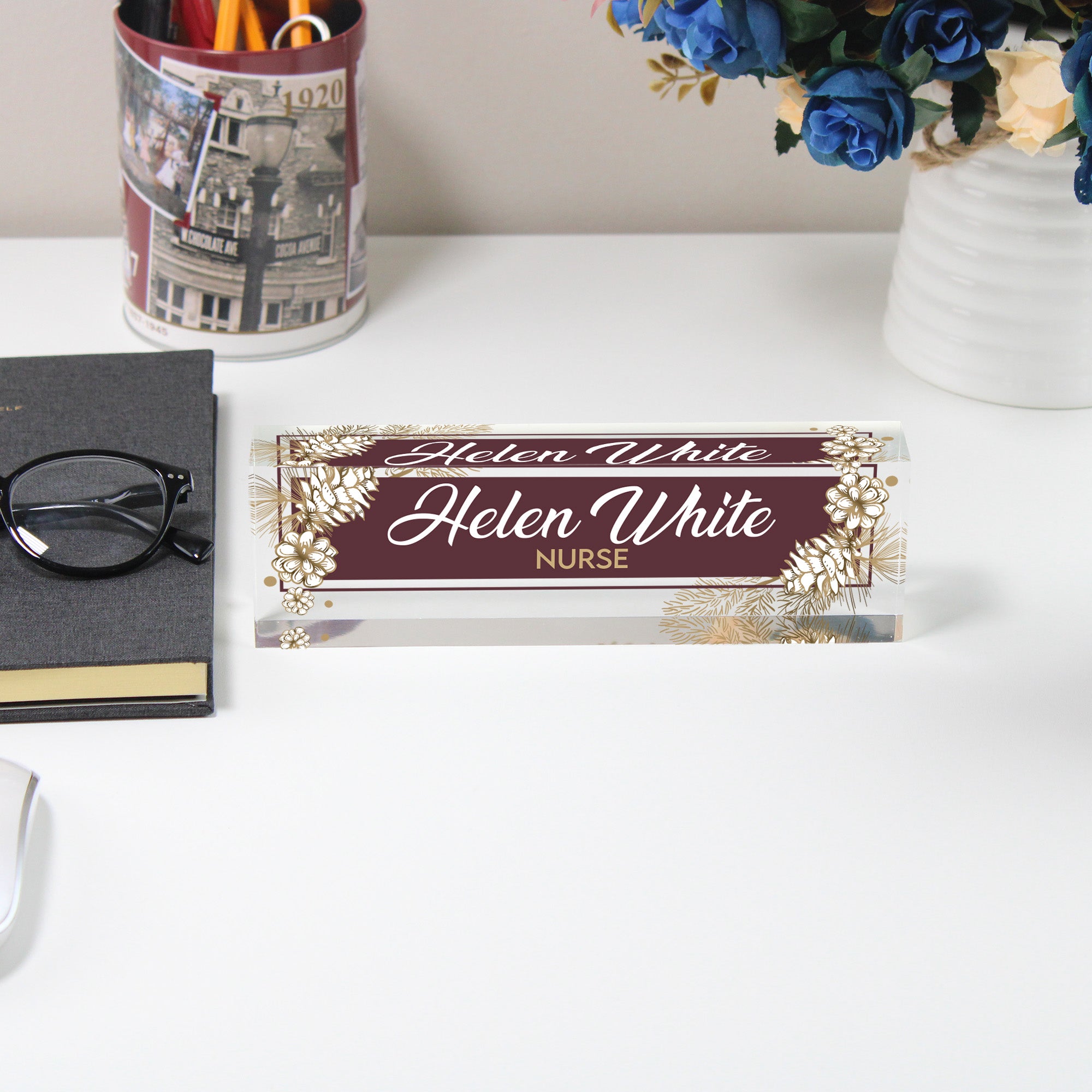 Personalized Acrylic Desk Block with Elegant Floral Design - Custom Name & Profession Engraving for a Unique Gift - Image 5
