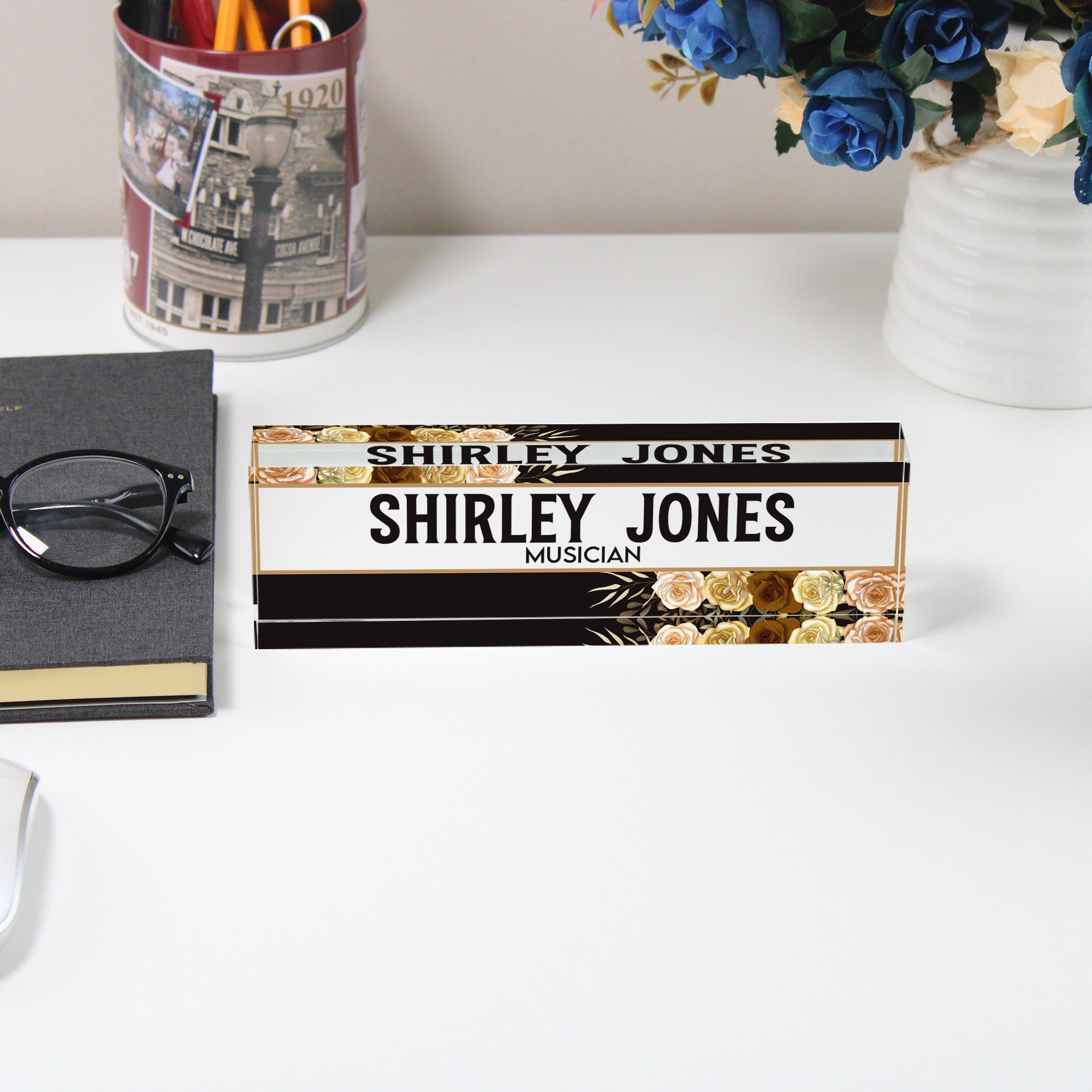 Personalized Acrylic Desk Block with Golden Floral Design - Custom Nameplate for Musicians and Music Lovers - Image 5