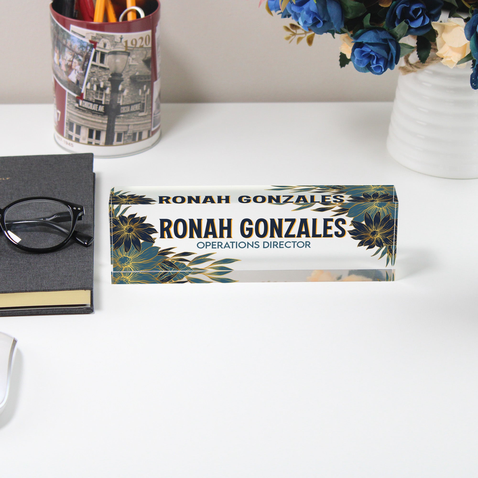 Customizable Acrylic Desk Name Plate with Elegant Floral Design – Perfect Gift for Executives and Home Offices - Image 5