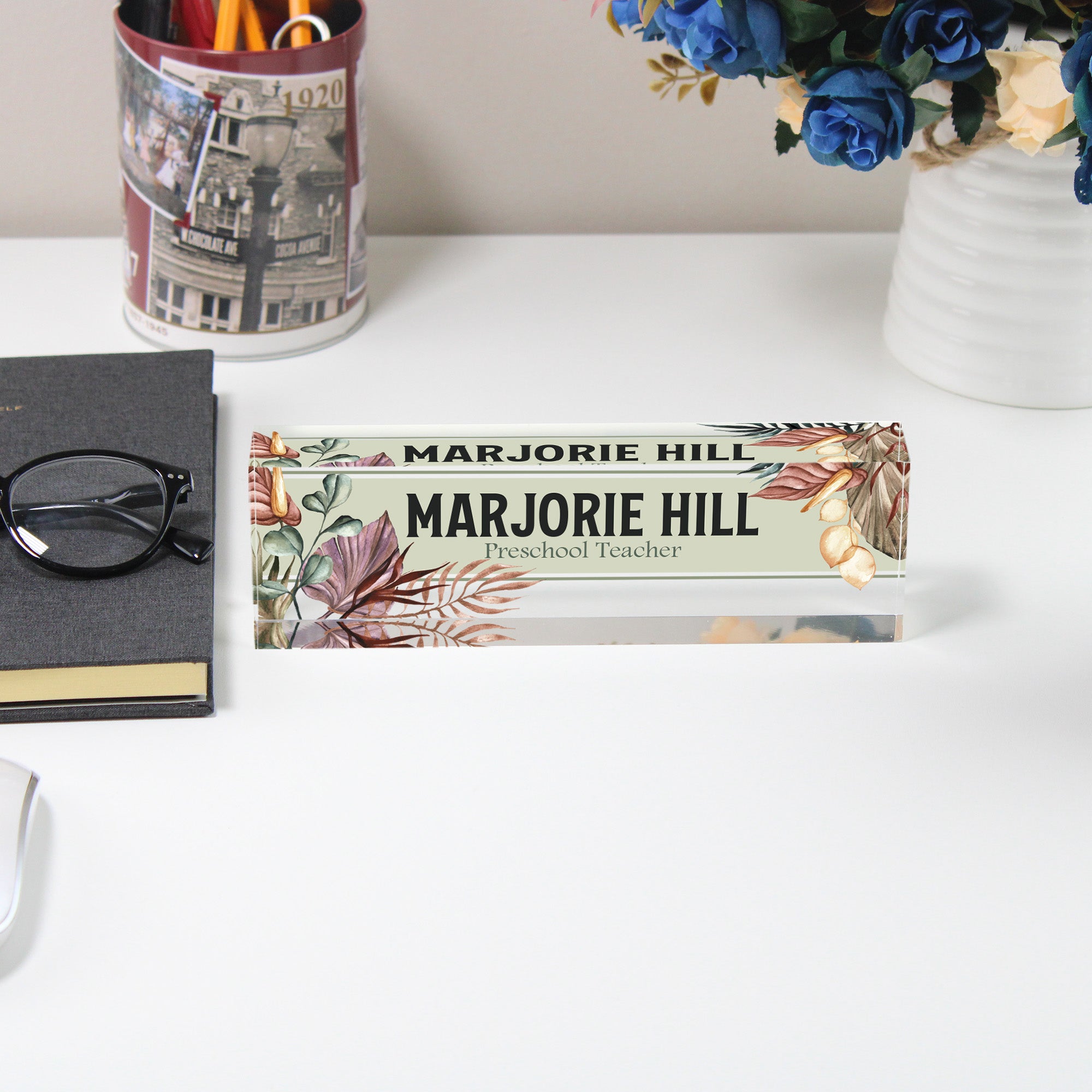 Custom Acrylic Desk Block for Teachers - Personalized Nameplate with Botanical Design - Perfect Gift for Educators - Image 5