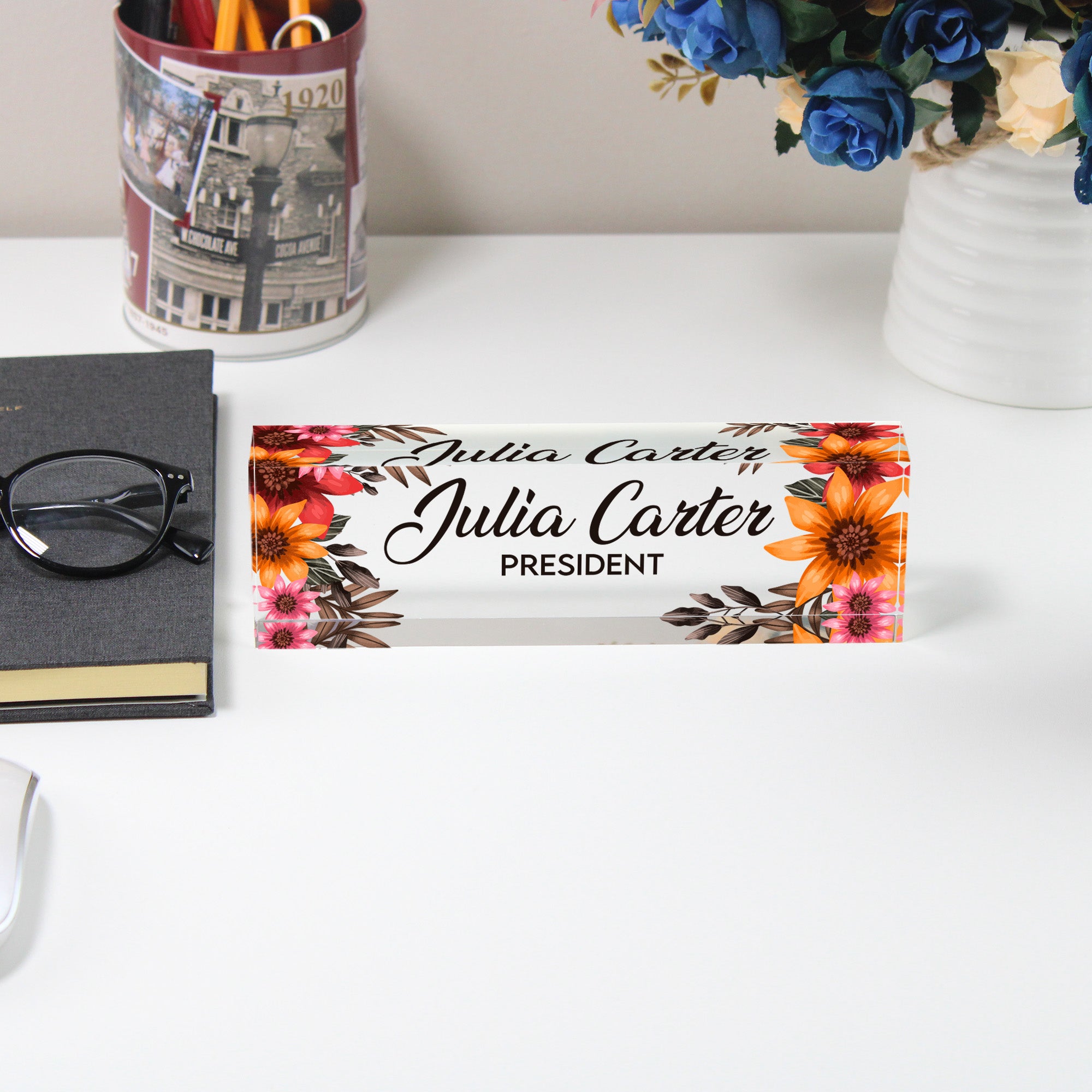 Personalized Floral Acrylic Desk Nameplate - Elegant Custom Name Sign for Office or Gift - Image 5