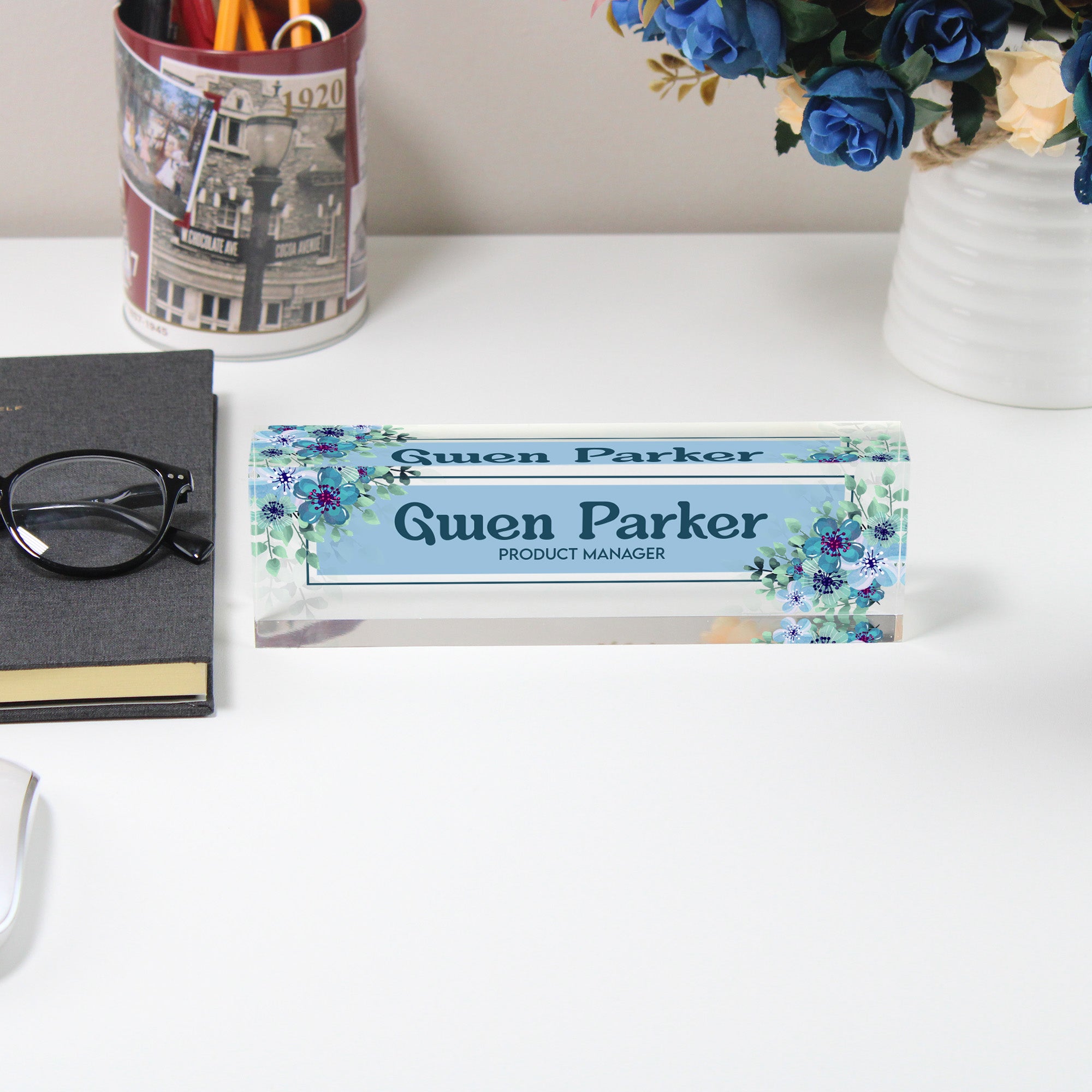 Personalized Acrylic Desk Block Name Plate with Floral Design - Custom Office Decor for Product Managers - Image 5
