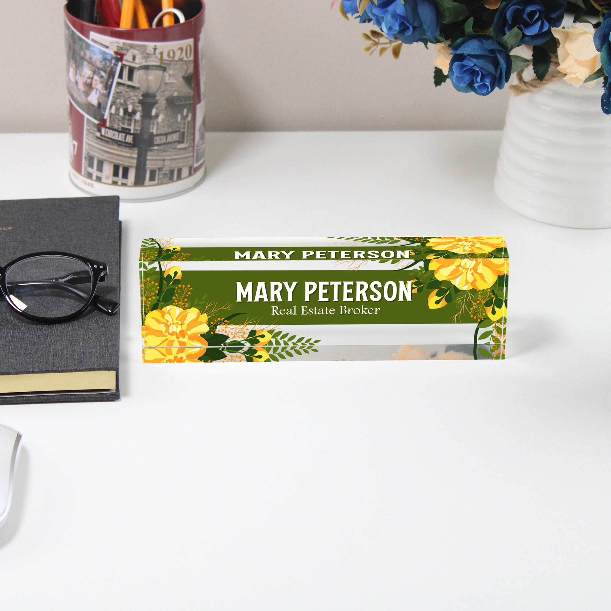 Personalized Acrylic Desk Name Plate with Floral Design - Elegant Custom Office Decor for Real Estate Agents and Professionals - Image 5