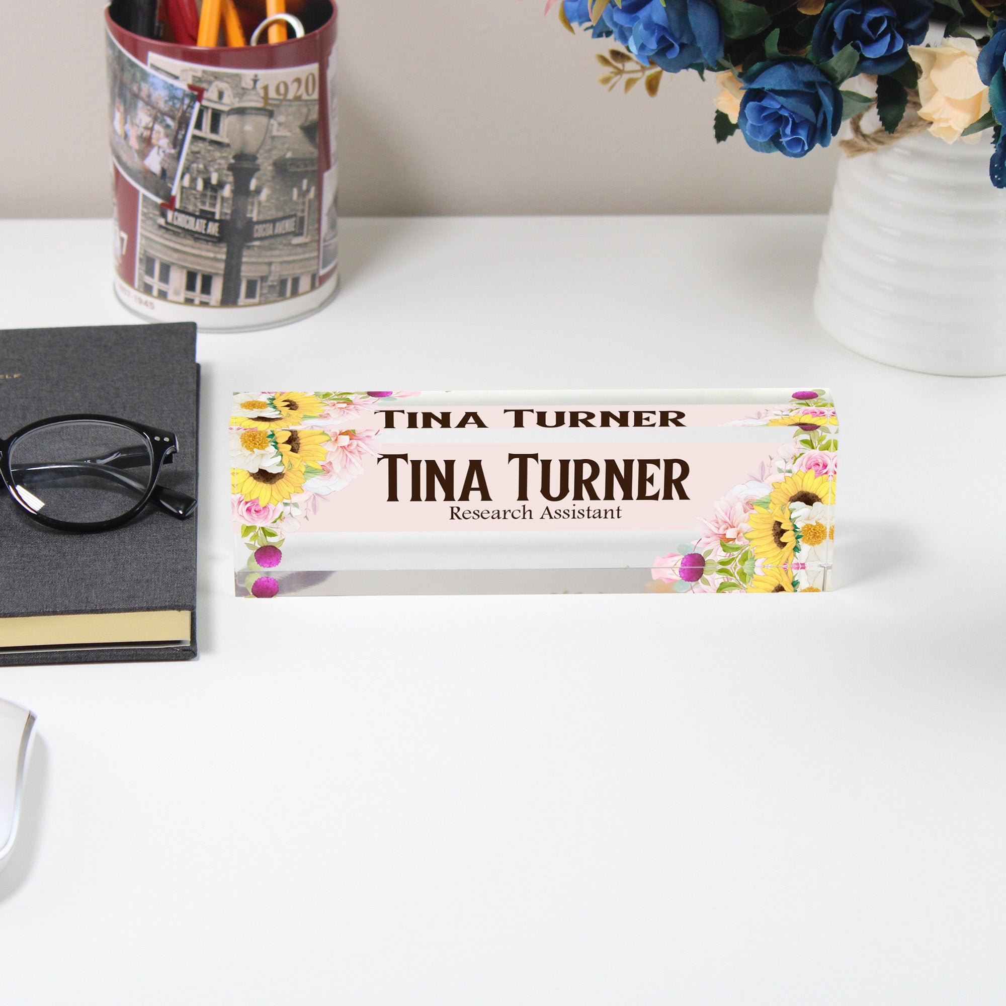 Personalized Floral Acrylic Desk Block - Custom Name Plate for Home or Office - Elegant Gift for Research Assistants - Image 5