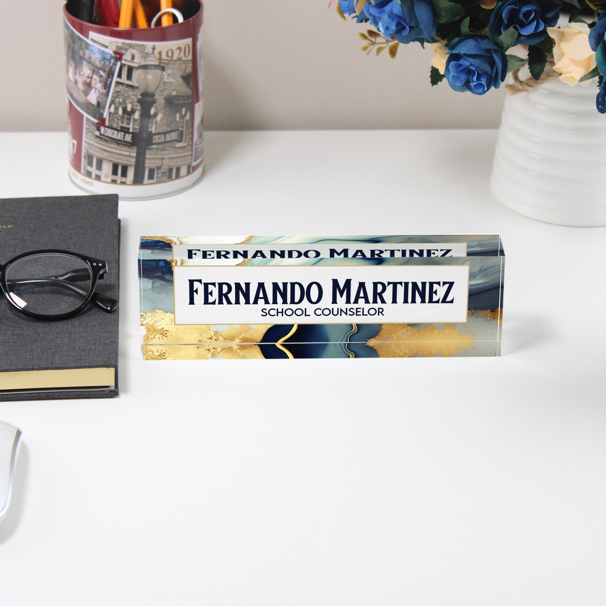 Personalized Acrylic Desk Nameplate with Marble and Gold Design - Custom Office Decor for Teachers and Professionals - Image 5