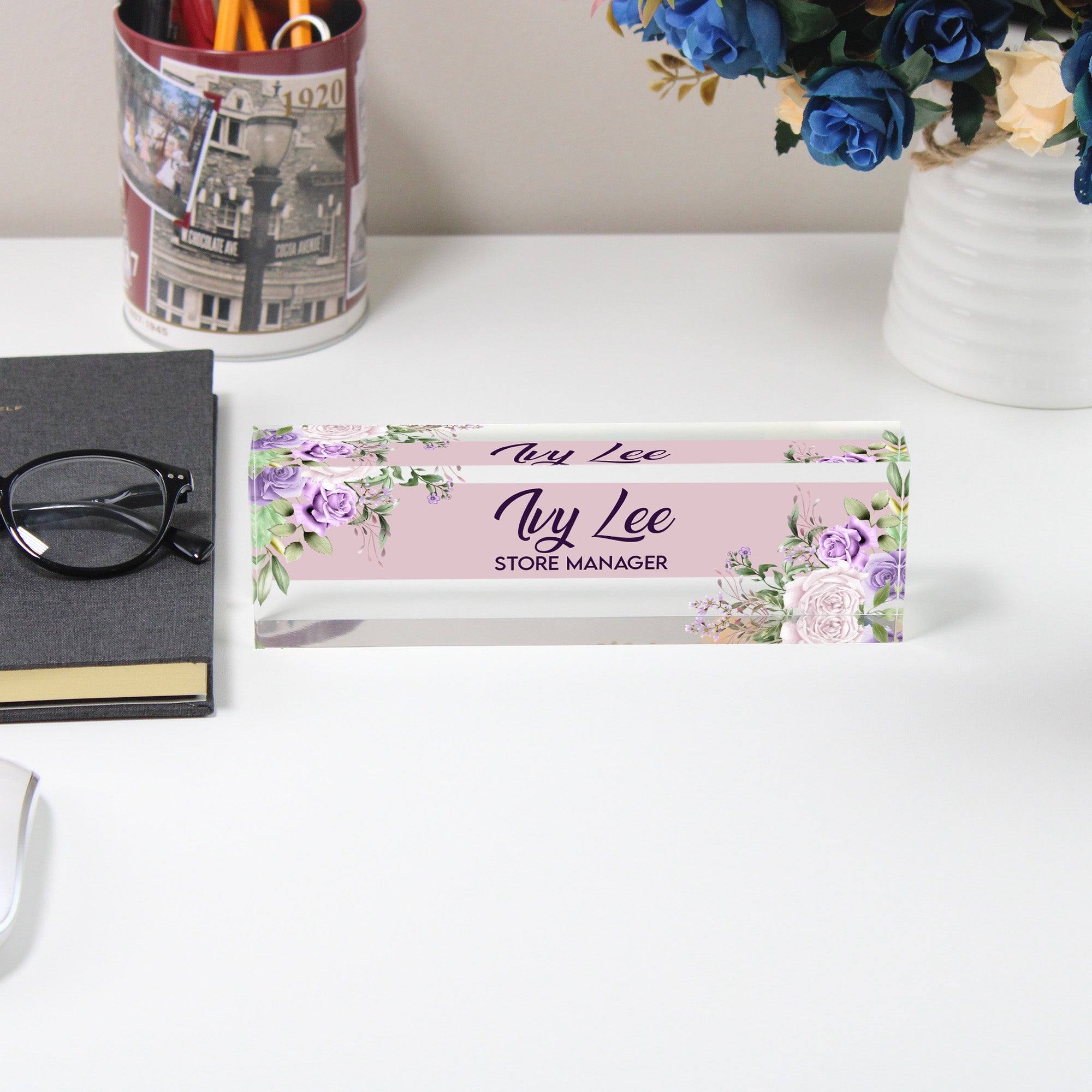 Personalized Floral Acrylic Desk Block - Custom Name Plate for Store Manager - Elegant Office Decor and Thoughtful Gift - Image 5