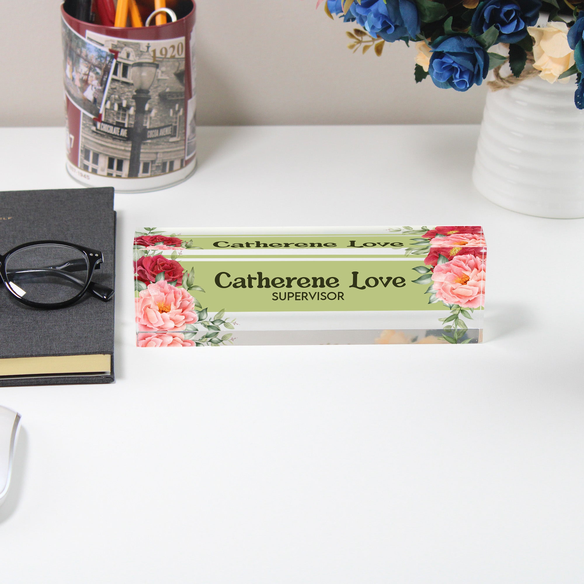 Personalized Floral Acrylic Desk Name Block - Elegant Office Decor for Supervisors, Gifts for Women, Custom Nameplate - Image 5