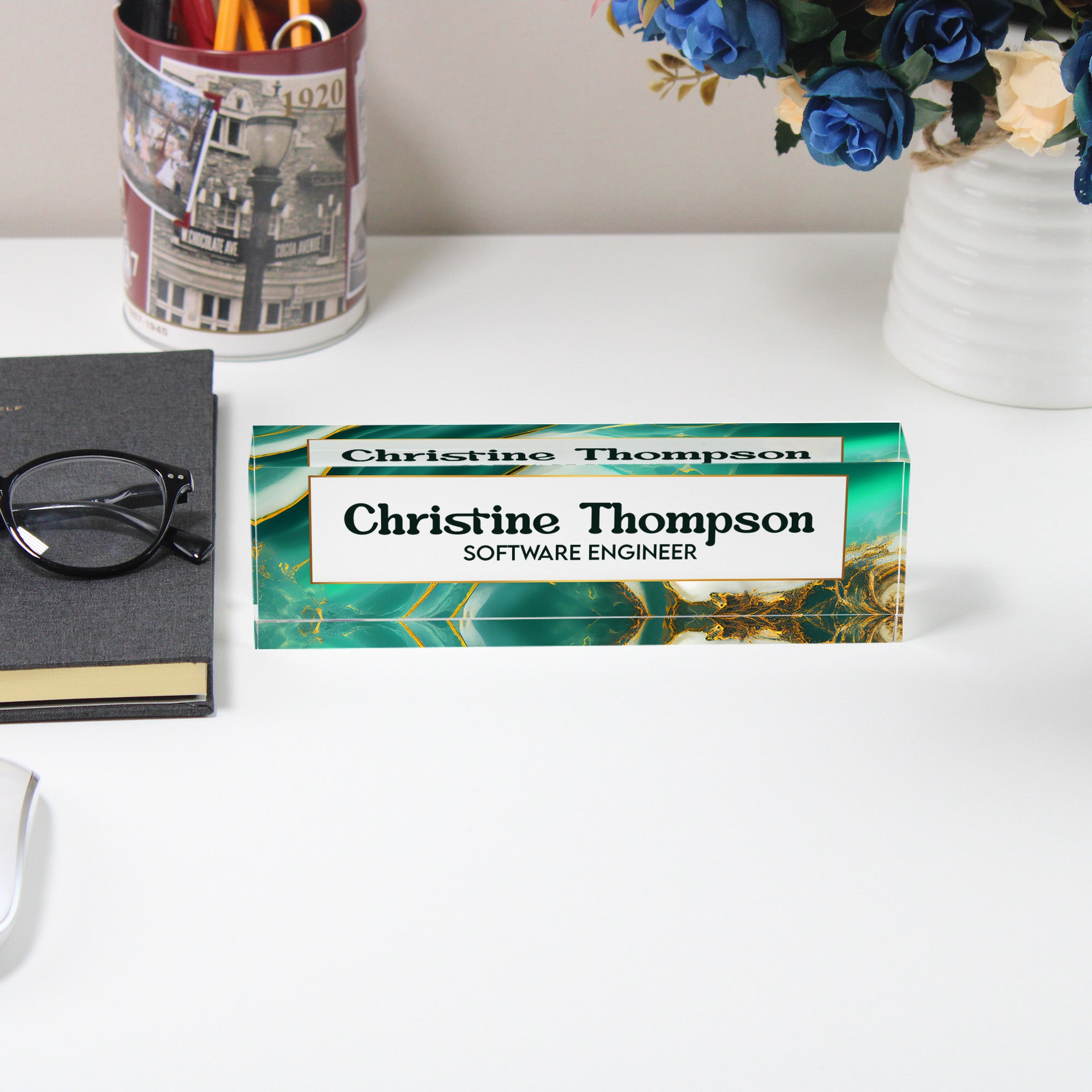 Personalized Acrylic Desk Block with Elegant Teal and Gold Marble Design – Custom Nameplate for Professionals & Gift Occasions - Image 5