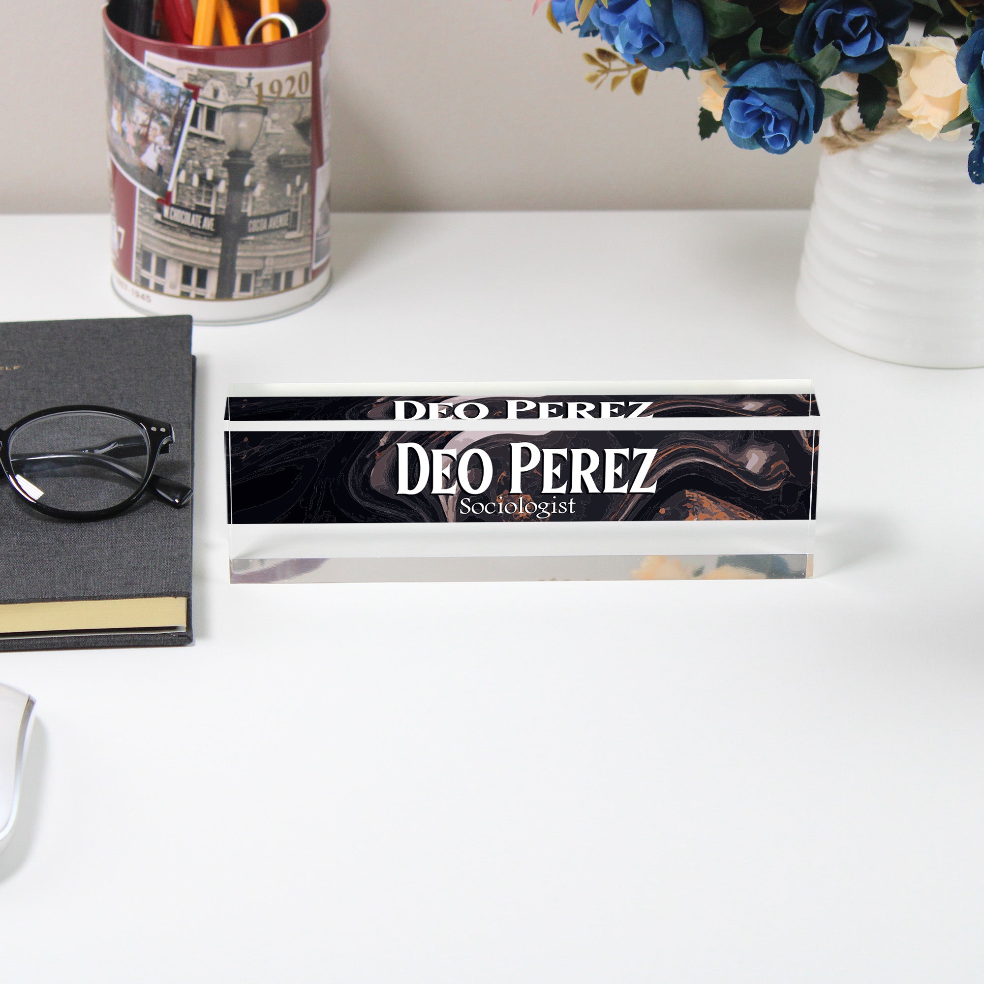 Personalized Acrylic Desk Block - Custom Name Plaque for Professionals - Elegant Marbled Design with Engraved Text - Image 5