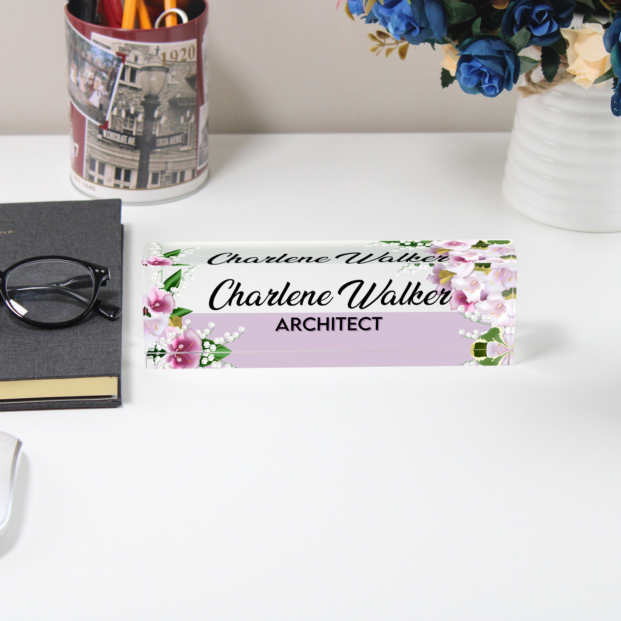 Personalized Floral Acrylic Desk Name Plate - Custom Architect Block with Lily and Orchid Design for Office Decor - Image 5