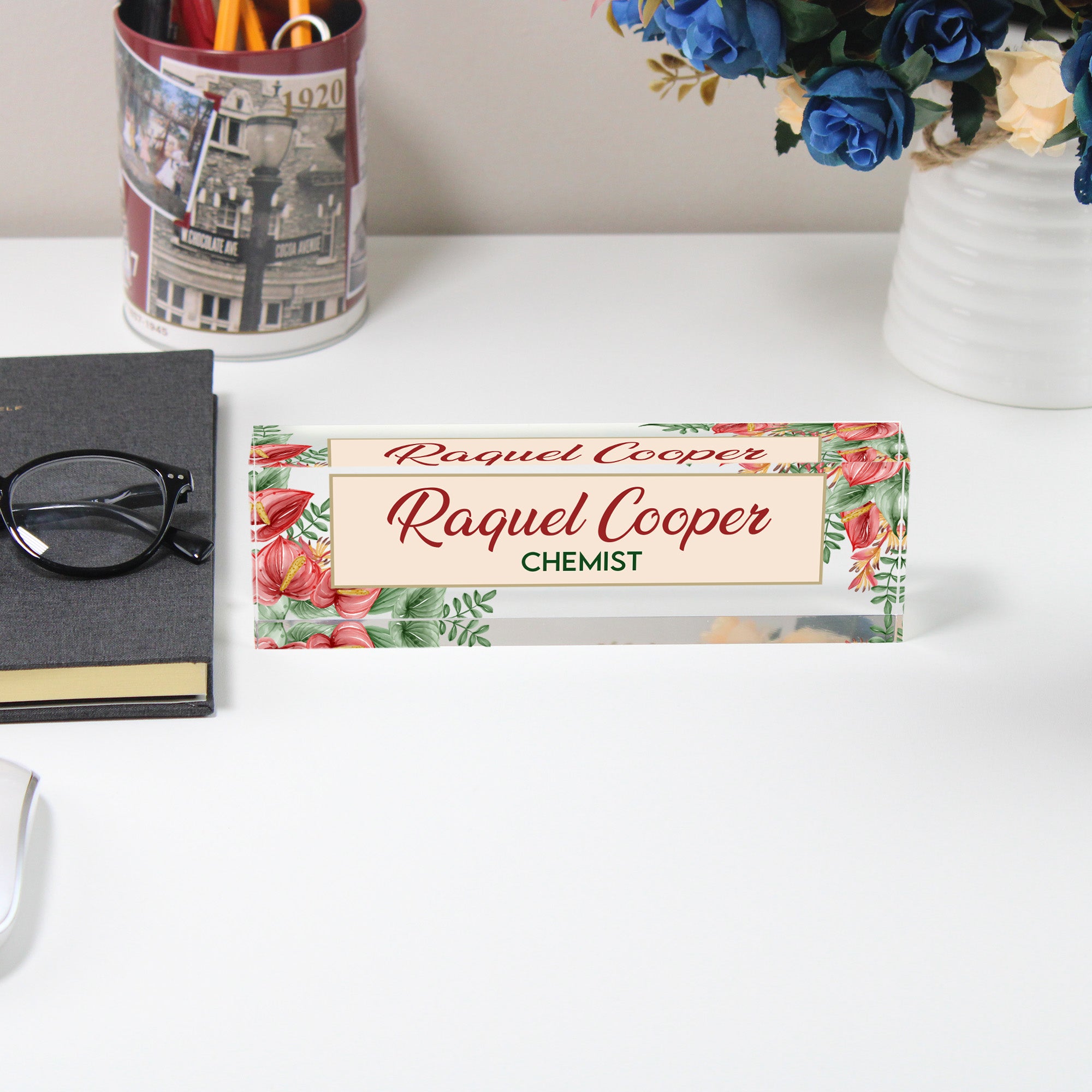 Personalized Acrylic Desk Nameplate with Floral Design - Customizable for Chemists and Professionals, Perfect Gift for Workspaces - Image 5