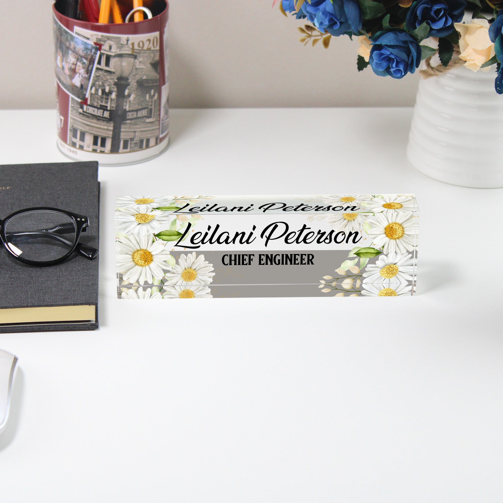Personalized Floral Acrylic Desk Name Plate - Custom Engraved with Daisies Design for Office, Boss, or Gift - Image 5