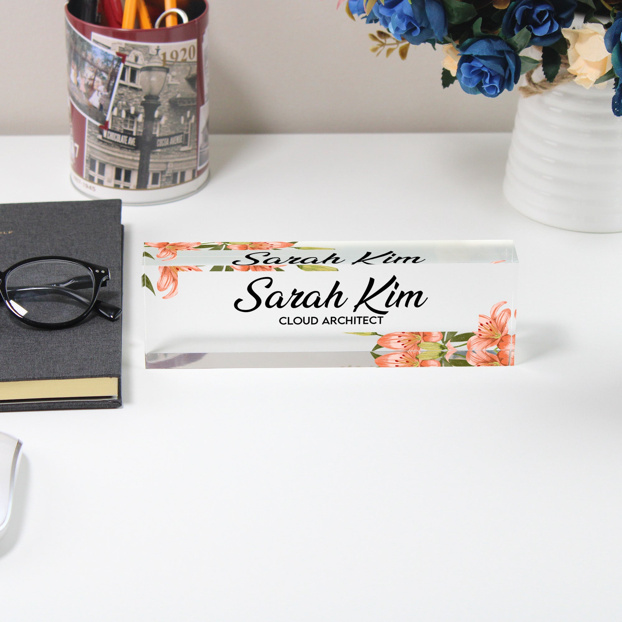 Personalized Floral Acrylic Desk Block - Custom Name & Title - Elegant Office Decor & Thoughtful Gift for Professionals - Image 5