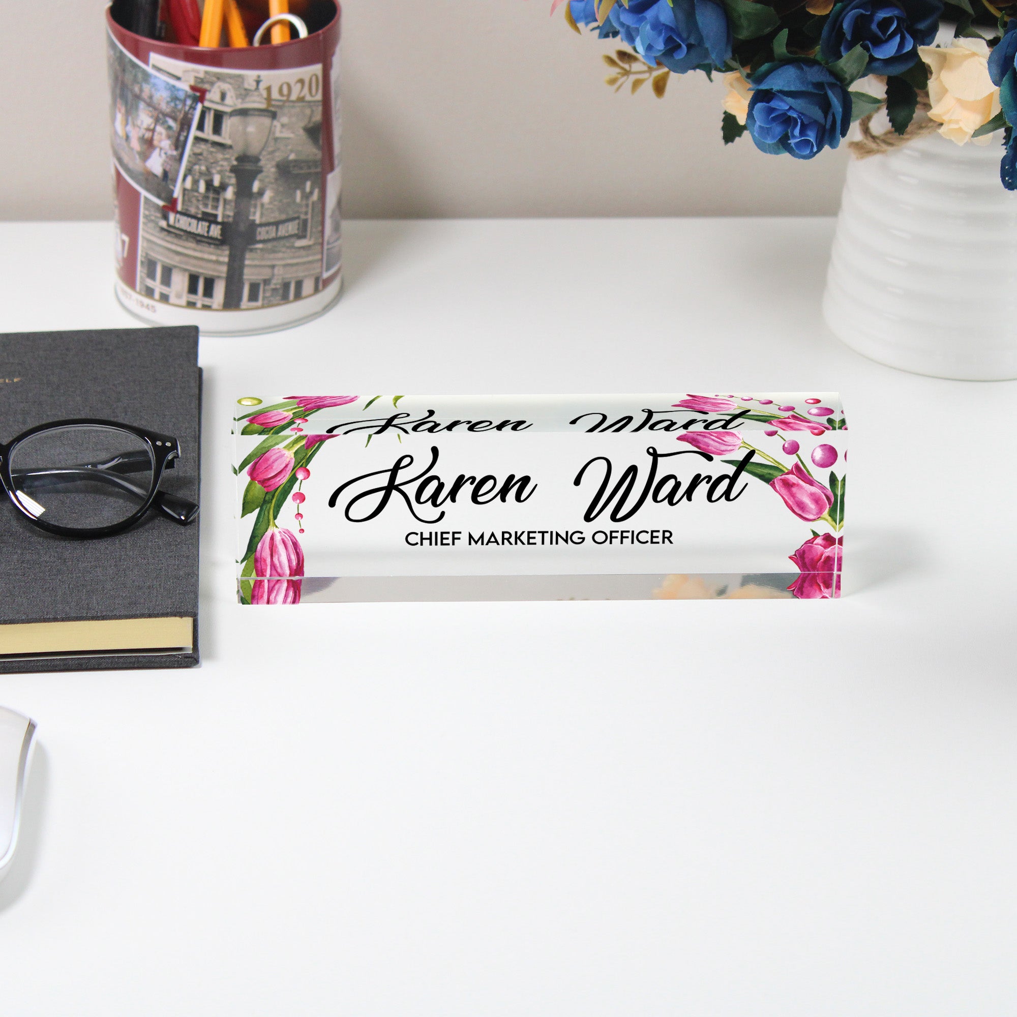 Personalized Floral Acrylic Desk Nameplate - Custom Office Decor with Elegant Script for Gift-Giving - Image 5