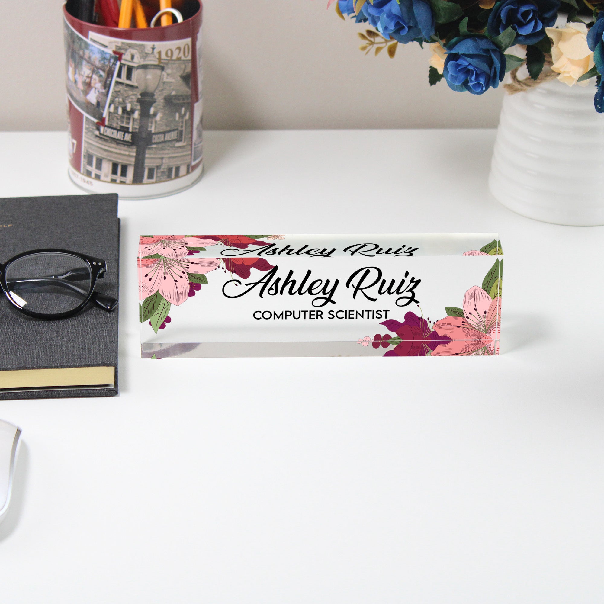 Personalized Floral Acrylic Desk Name Block - Custom Office Decor for Computer Scientists - Image 5