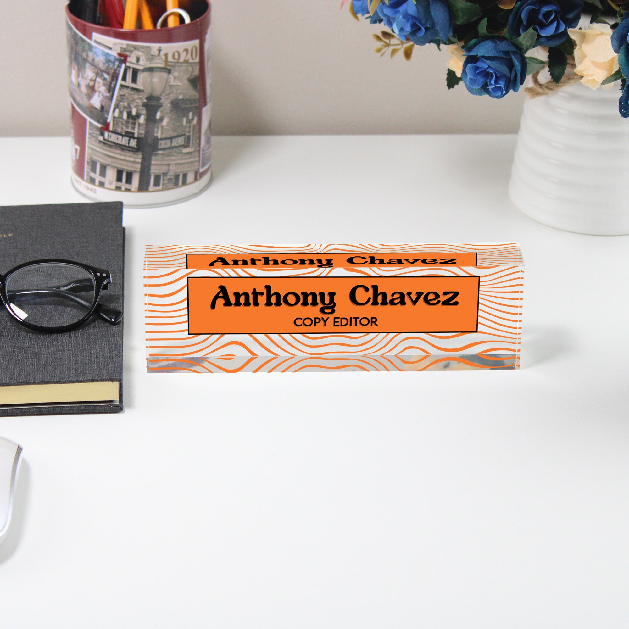 Personalized Acrylic Desk Block - Custom Nameplate with Vibrant Orange Wave Design for Copy Editors - Image 5