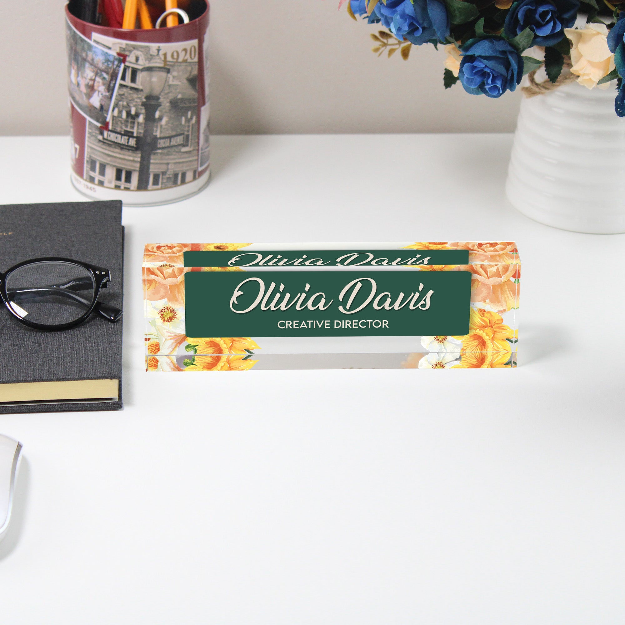 Personalized Floral Acrylic Desk Block - Custom Nameplate for Office and Gift - Elegant Creative Director Design - Image 5