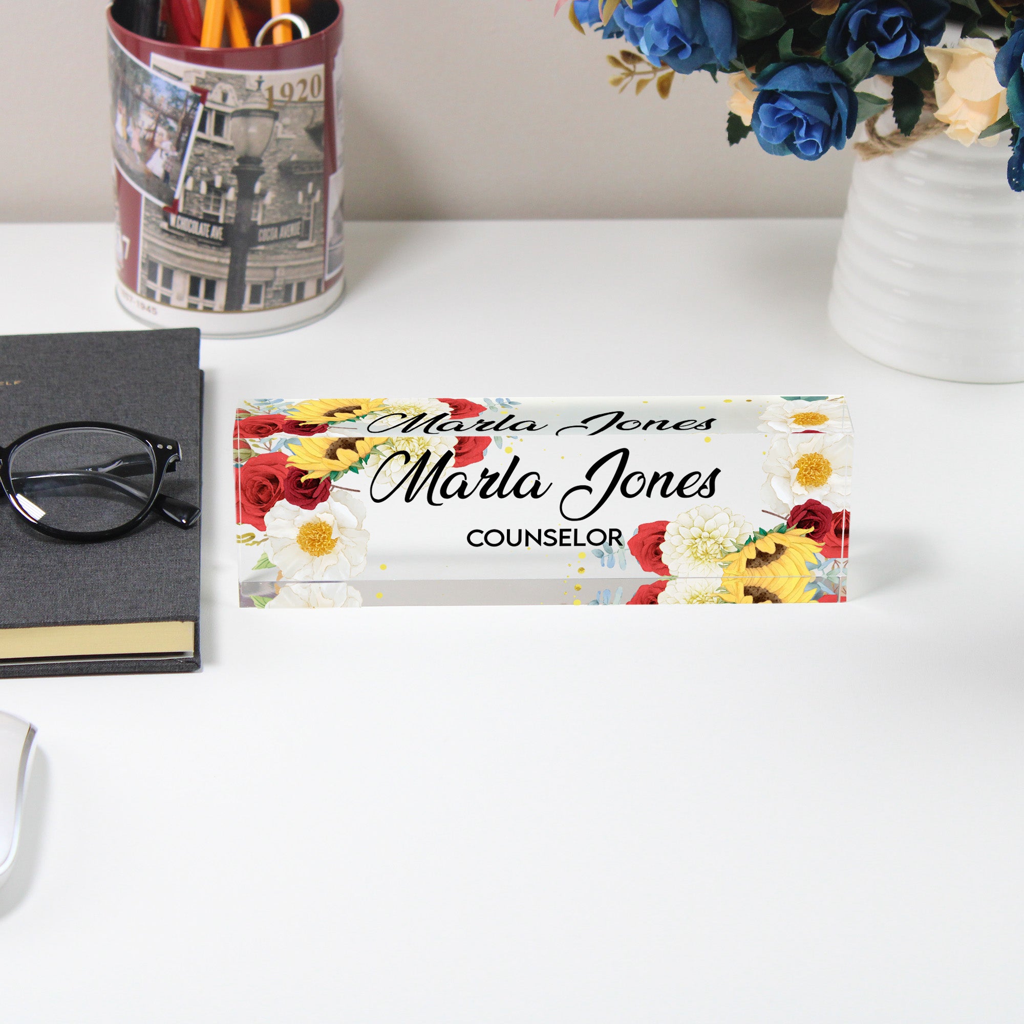 Personalized Floral Acrylic Desk Block Name Plate for Counselors – Elegant Office Decor and Thoughtful Gift Idea - Image 5