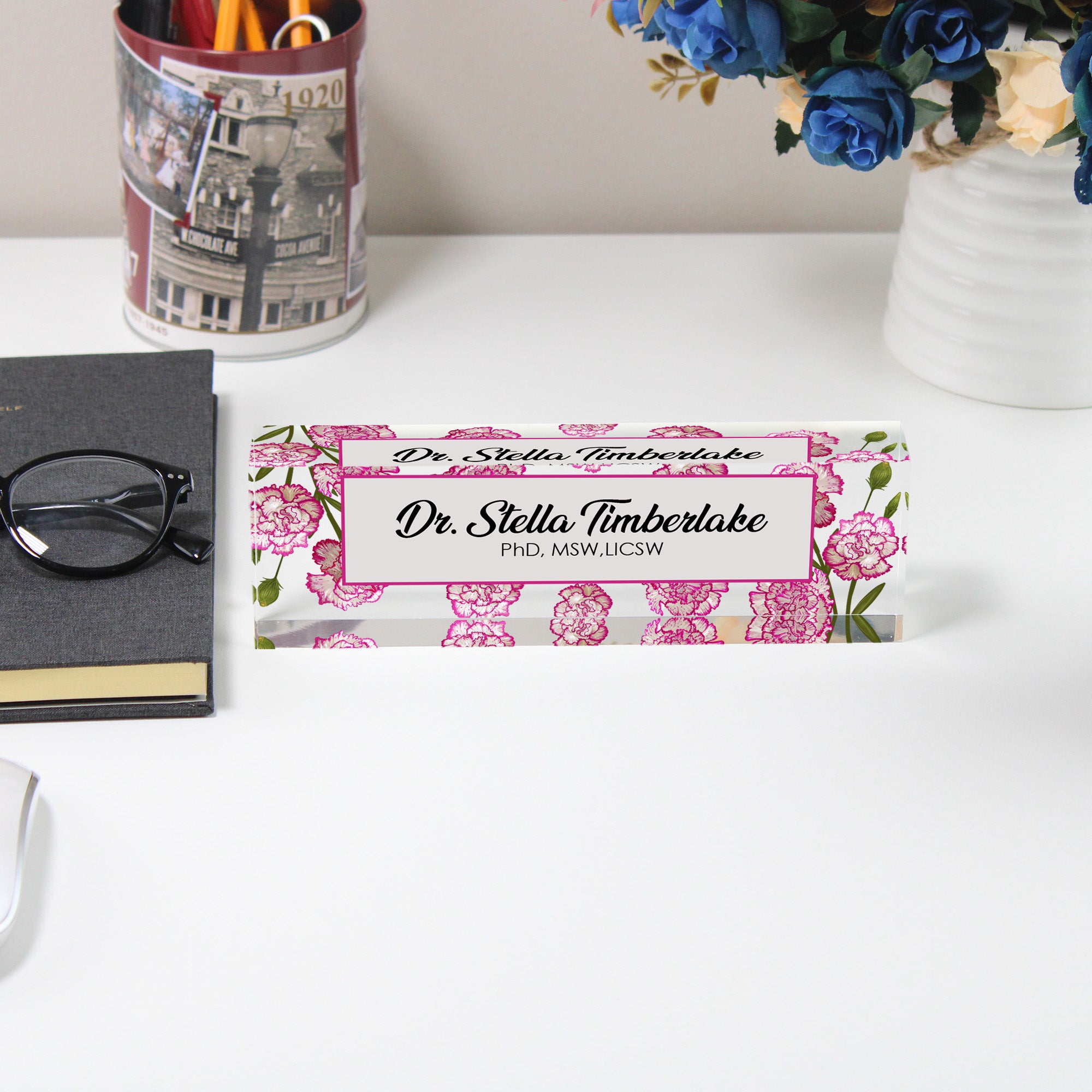 Personalized Floral Acrylic Desk Block – Custom Name Plate with Pink Carnation Design for Office Professionals - Image 5