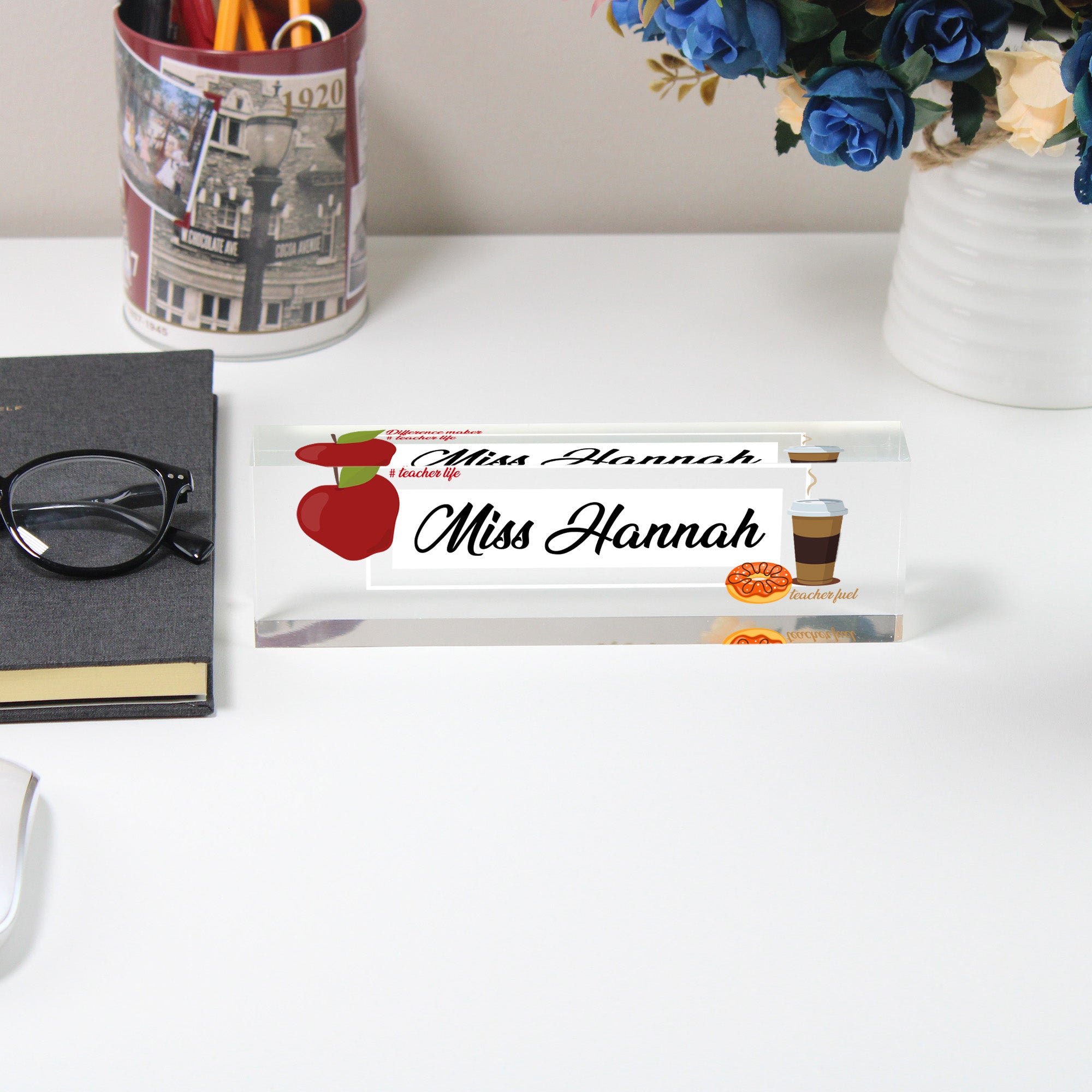 Personalized Acrylic Desk Block for Teachers - Custom Nameplate with Apple and Coffee Designs, Perfect Gift for Educators - Image 5