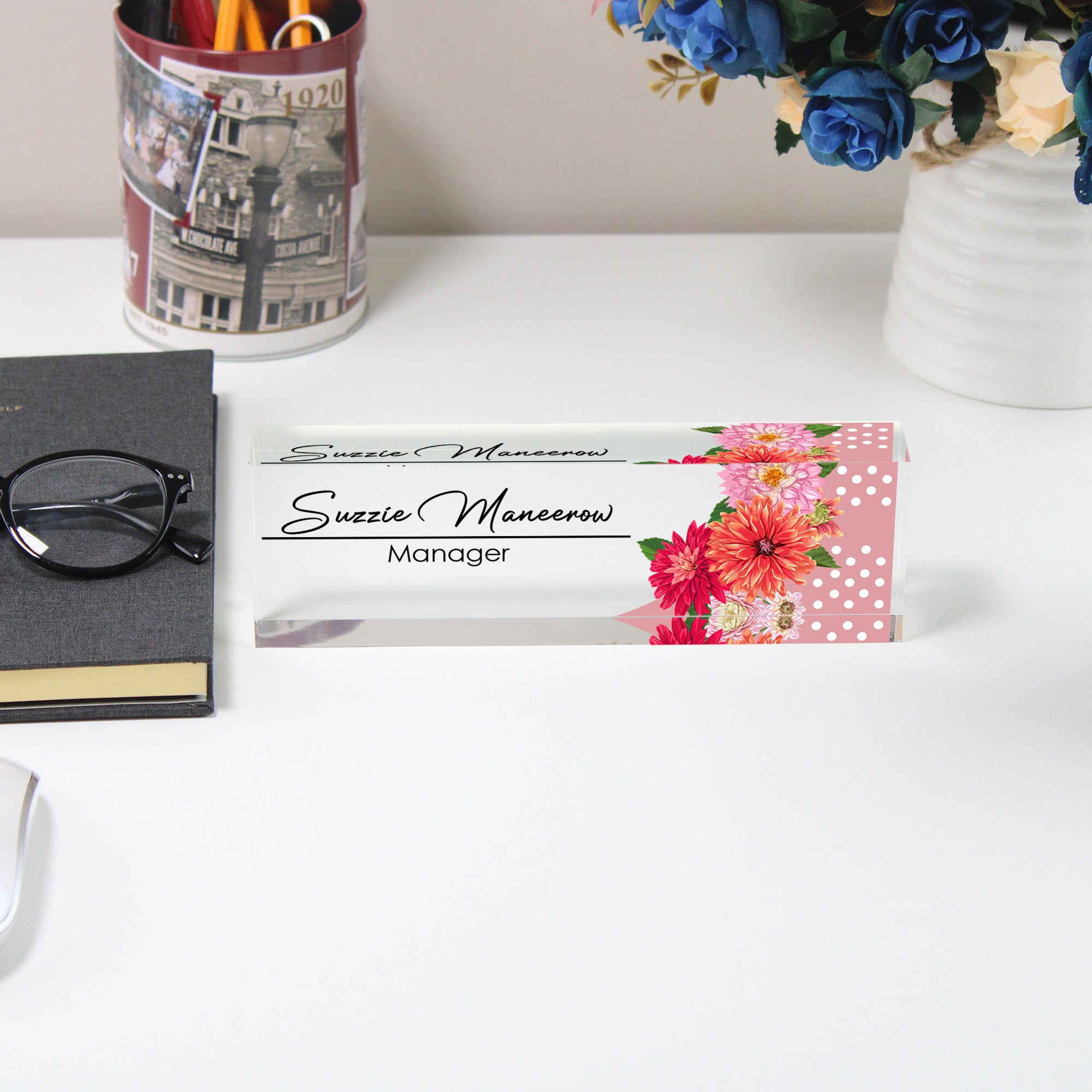 Personalized Floral Acrylic Desk Name Plate - Custom Manager Title with Elegant Flower Design, Perfect for Office Décor and Gifts - Image 5