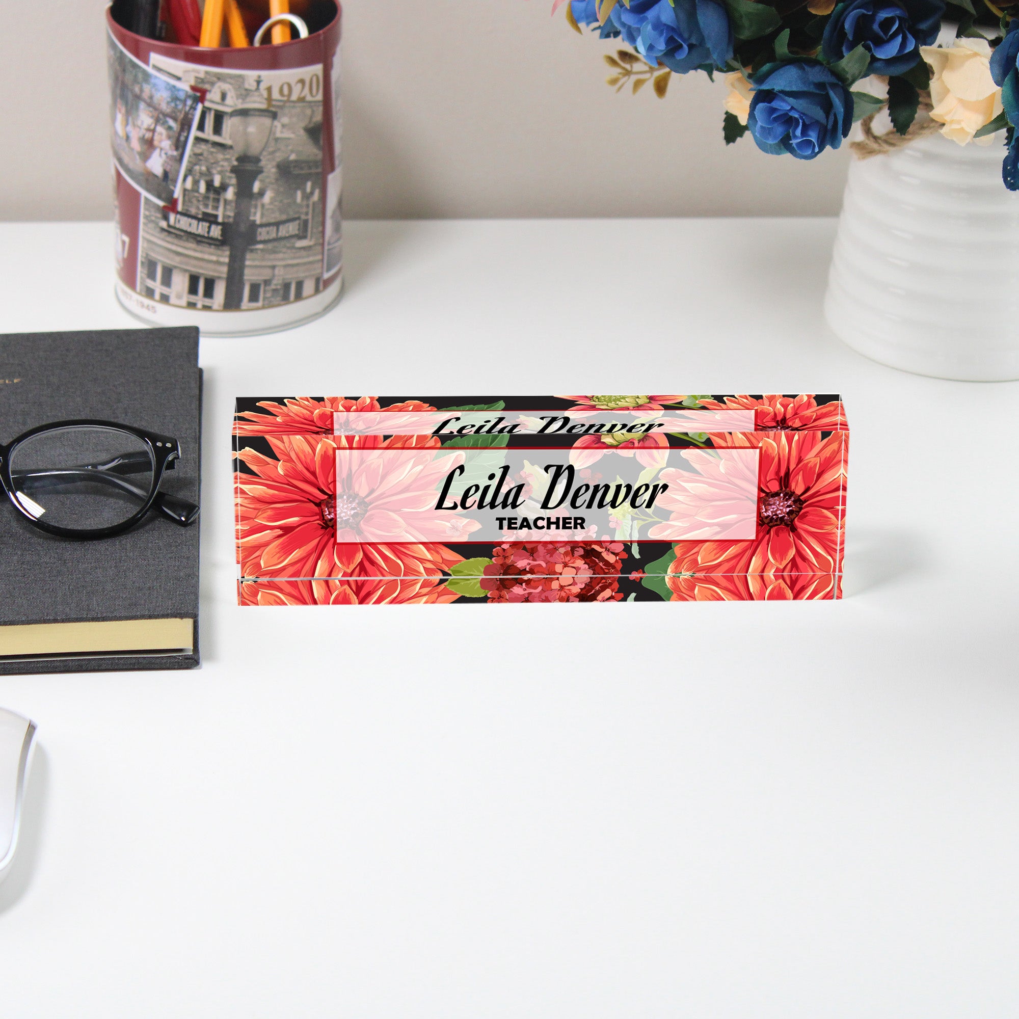 Personalized Floral Acrylic Desk Name Block - Custom Teacher Gift with Elegant Flower Design - Image 5