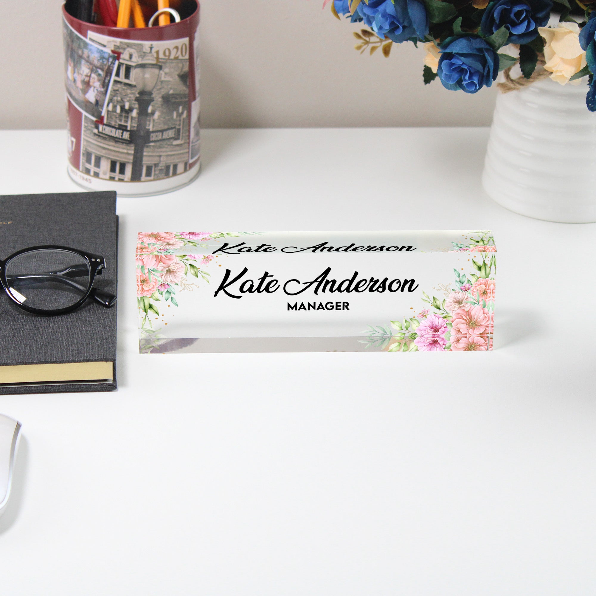 Personalized Floral Acrylic Desk Name Plate for Managers – Custom Office Decor with Elegant Floral Design - Image 5