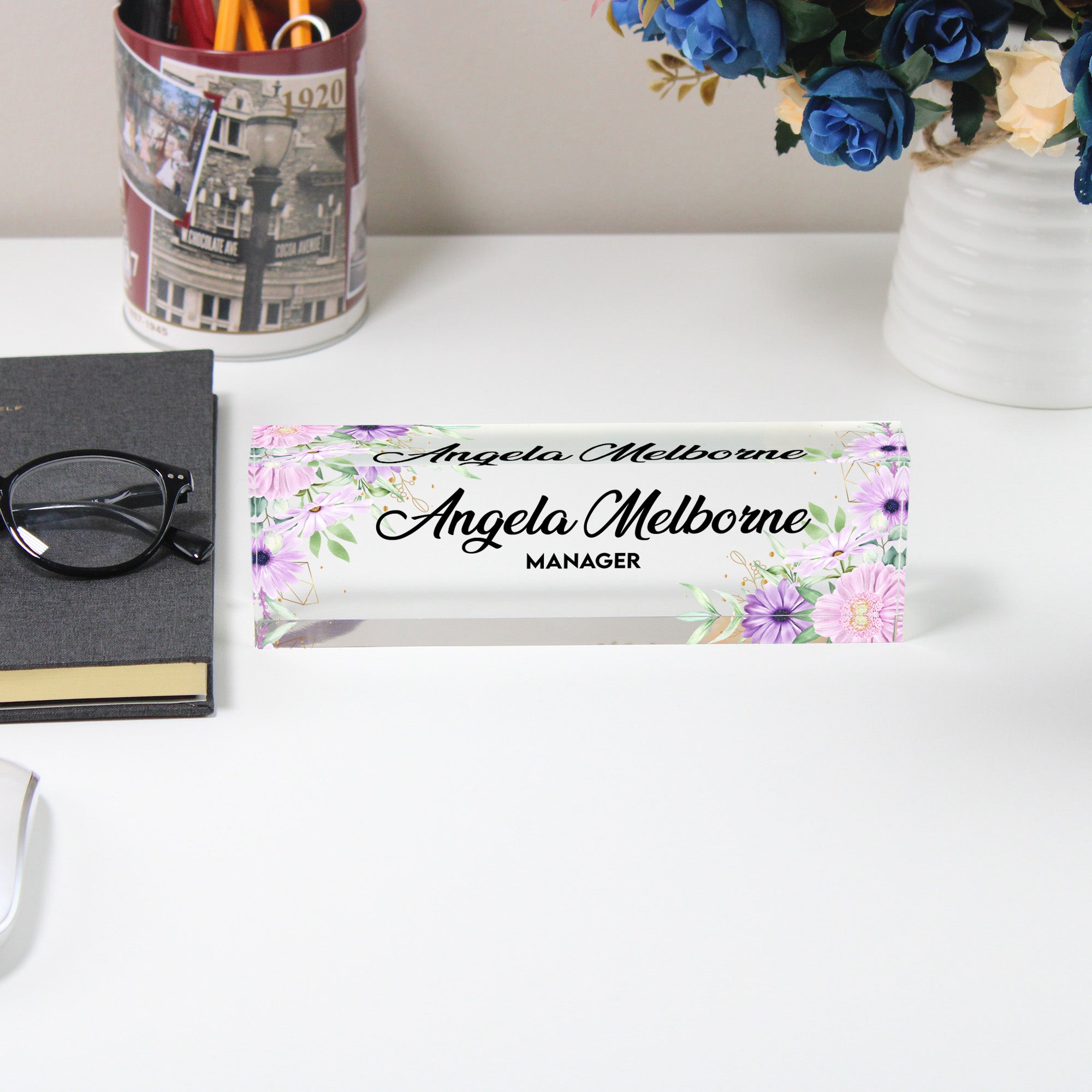 Personalized Acrylic Desk Nameplate with Floral Design - Custom Office Decor for Managers and Leaders - Image 5