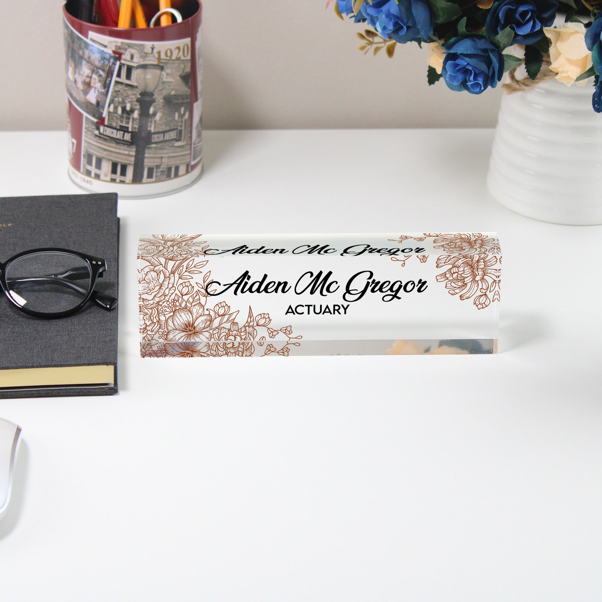 Elegant Personalized Acrylic Desk Block with Floral Engraving - Perfect Custom Gift for Professionals - Image 5
