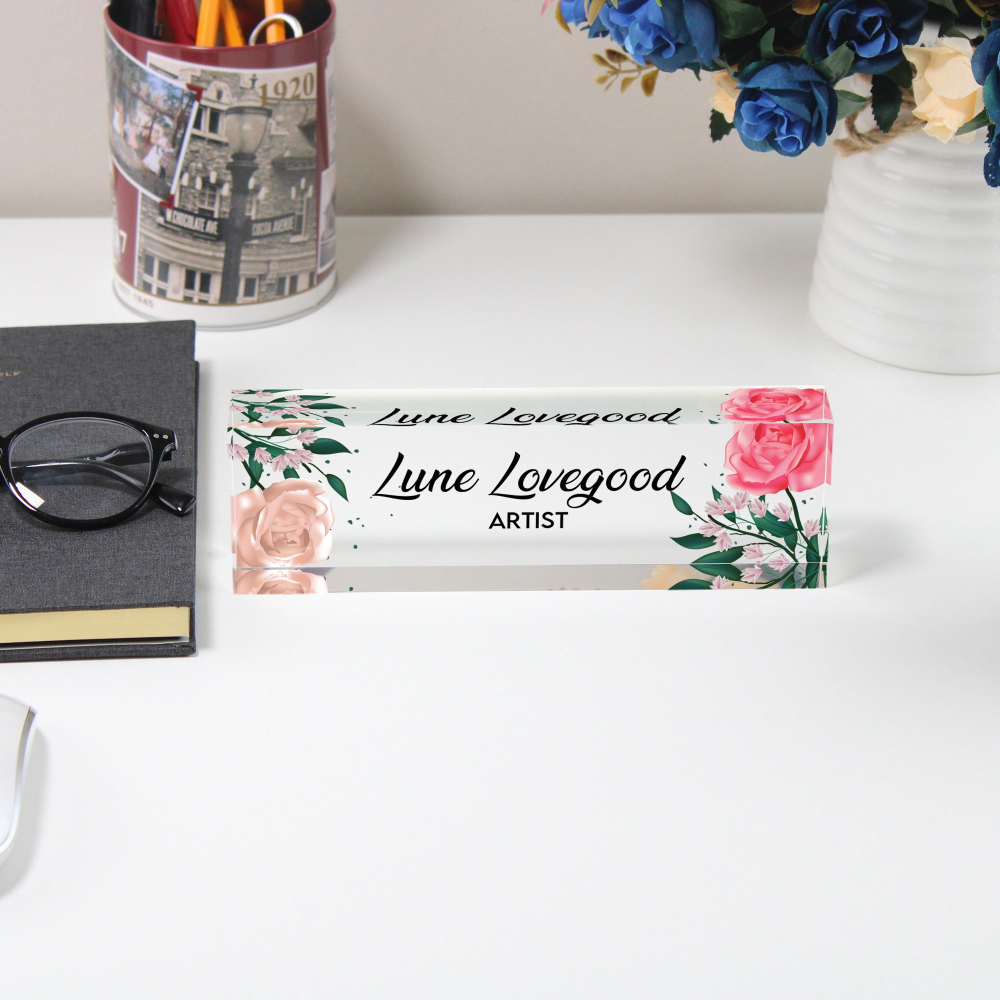 Personalized Floral Acrylic Desk Block - Custom Name and Title Art Decor for Unique Gift Giving - Image 5