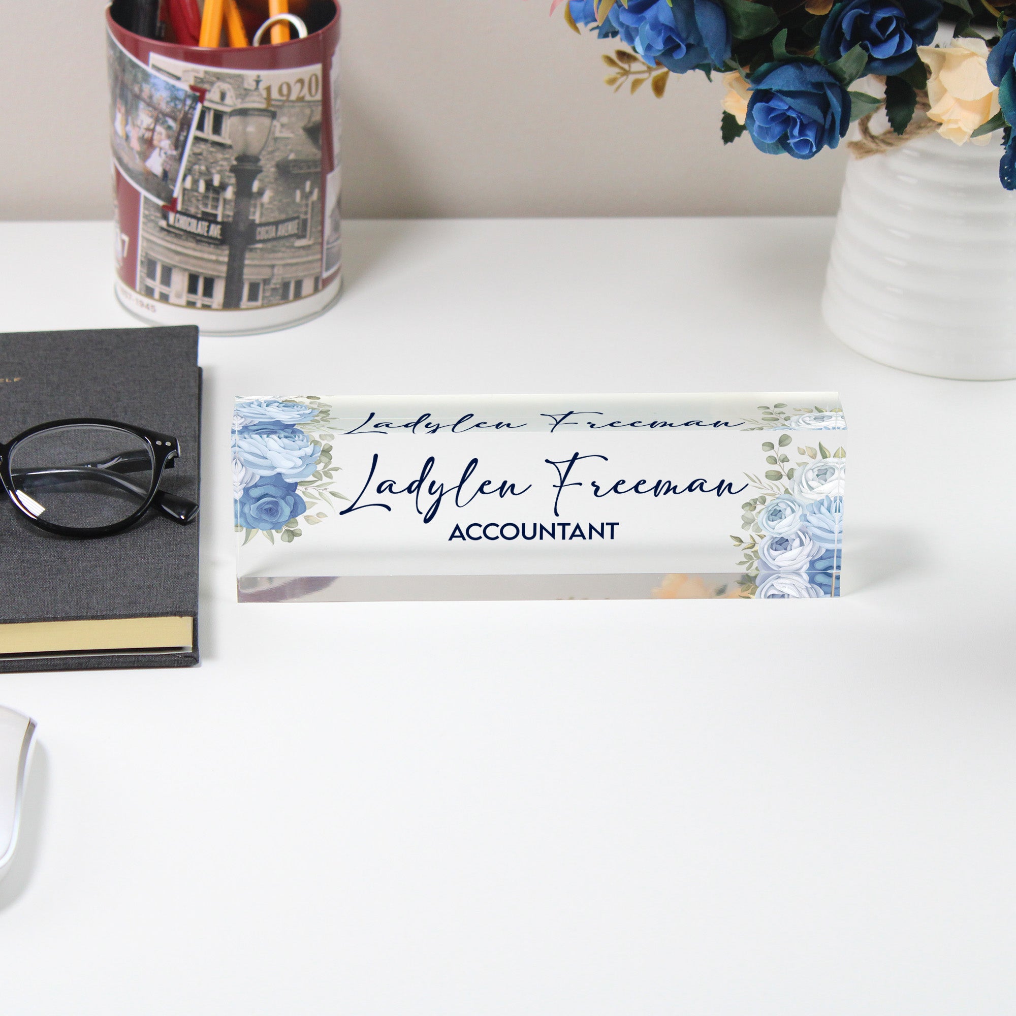 Personalized Acrylic Desk Nameplate with Elegant Blue Floral Design - Ideal Gift for Professionals and Home Offices - Image 5