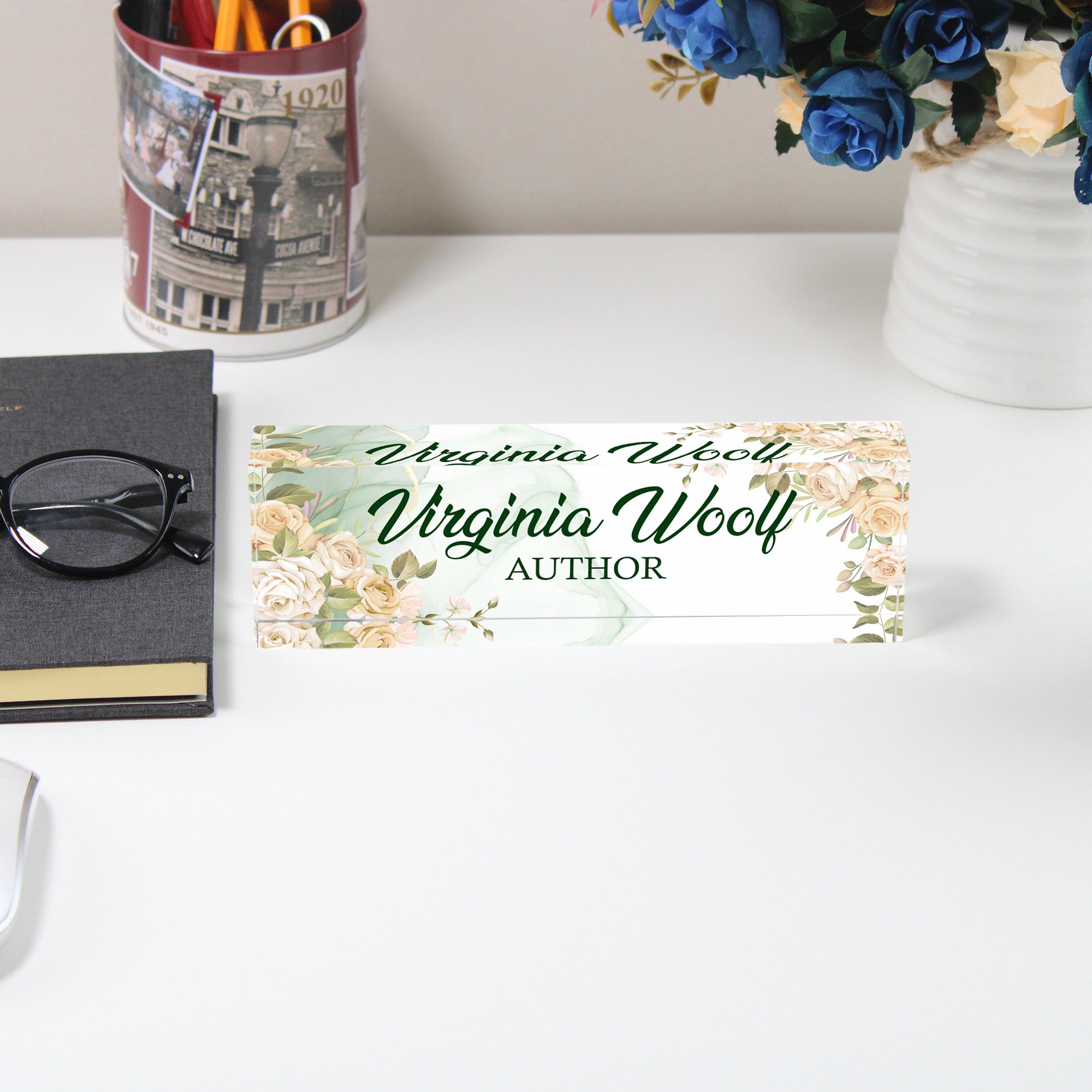 Personalized Floral Acrylic Desk Block - Elegant Name Plate for Authors, Writers, and Creative Professionals - Image 5